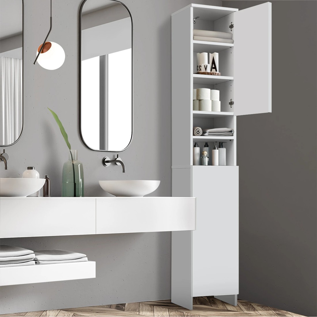 3 Oikiture Cabinet Storage Laundry Tall Slim Toilet Floor  Cupboard
 - White, 3 of 9