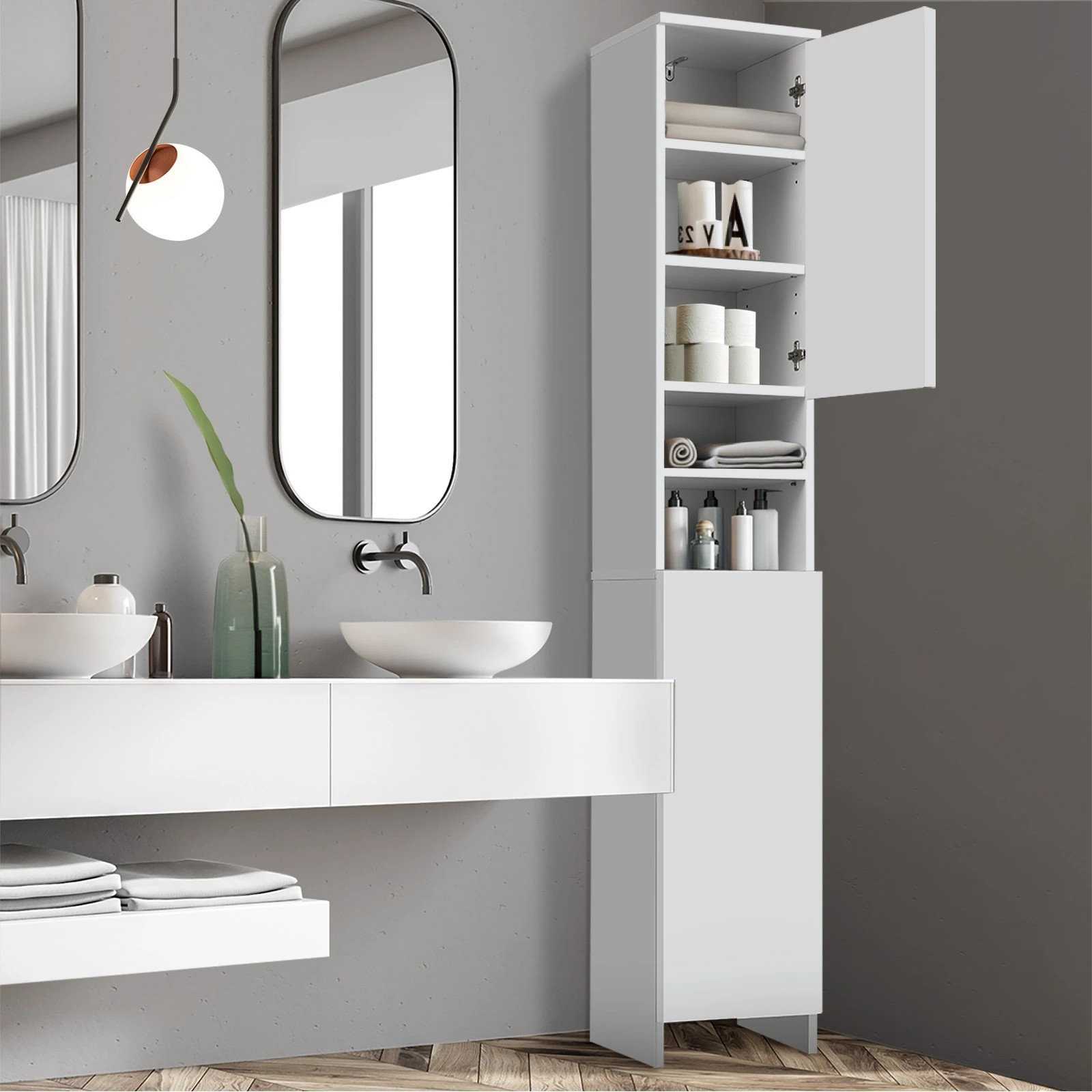 3 Oikiture Cabinet Storage Laundry Tall Slim Toilet Floor  Cupboard
 - White, 3 of 9