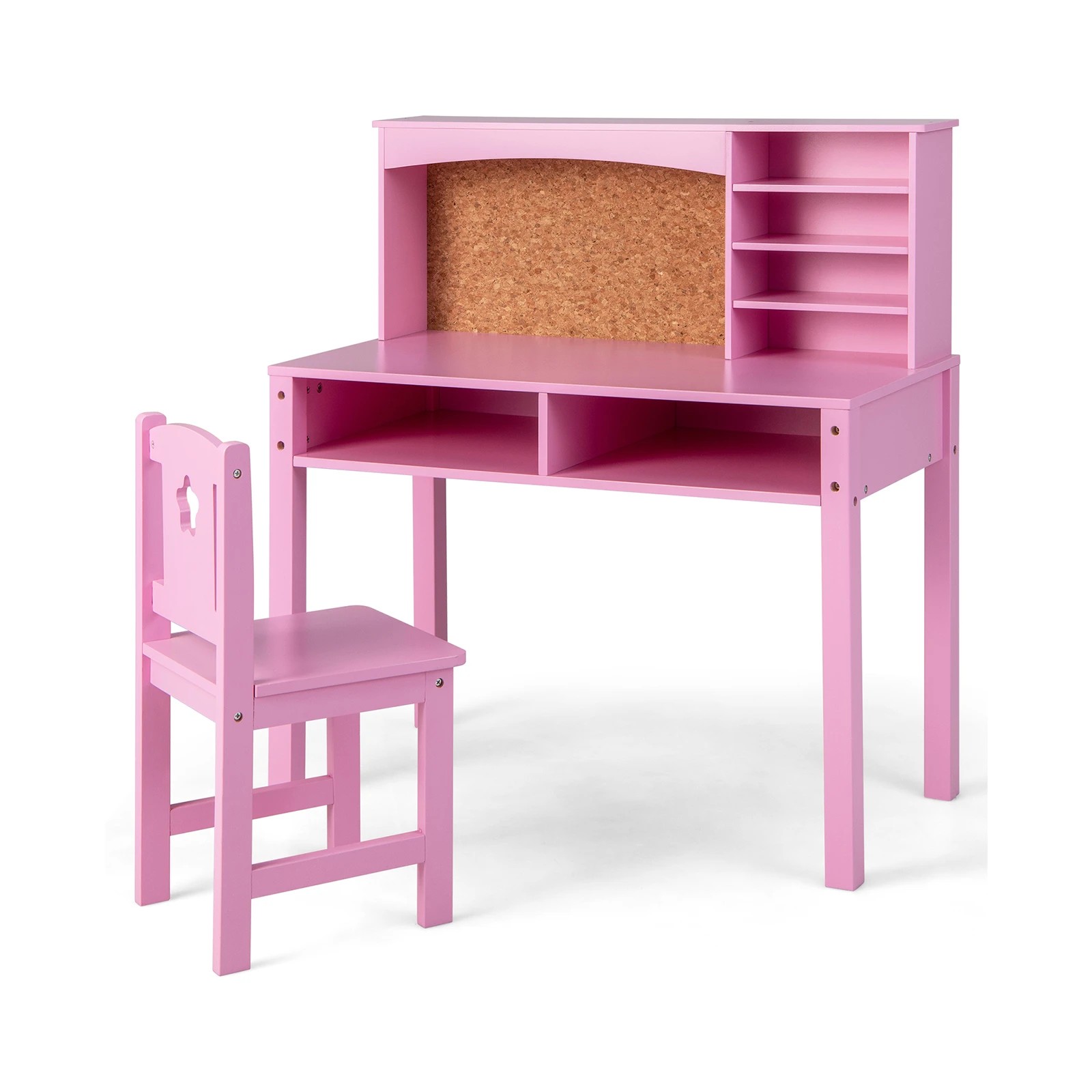 1 Costway Desk Chair Set Study Writing Table w/Cork Bulletin Board Bookshelf - Pink, 1 of 3