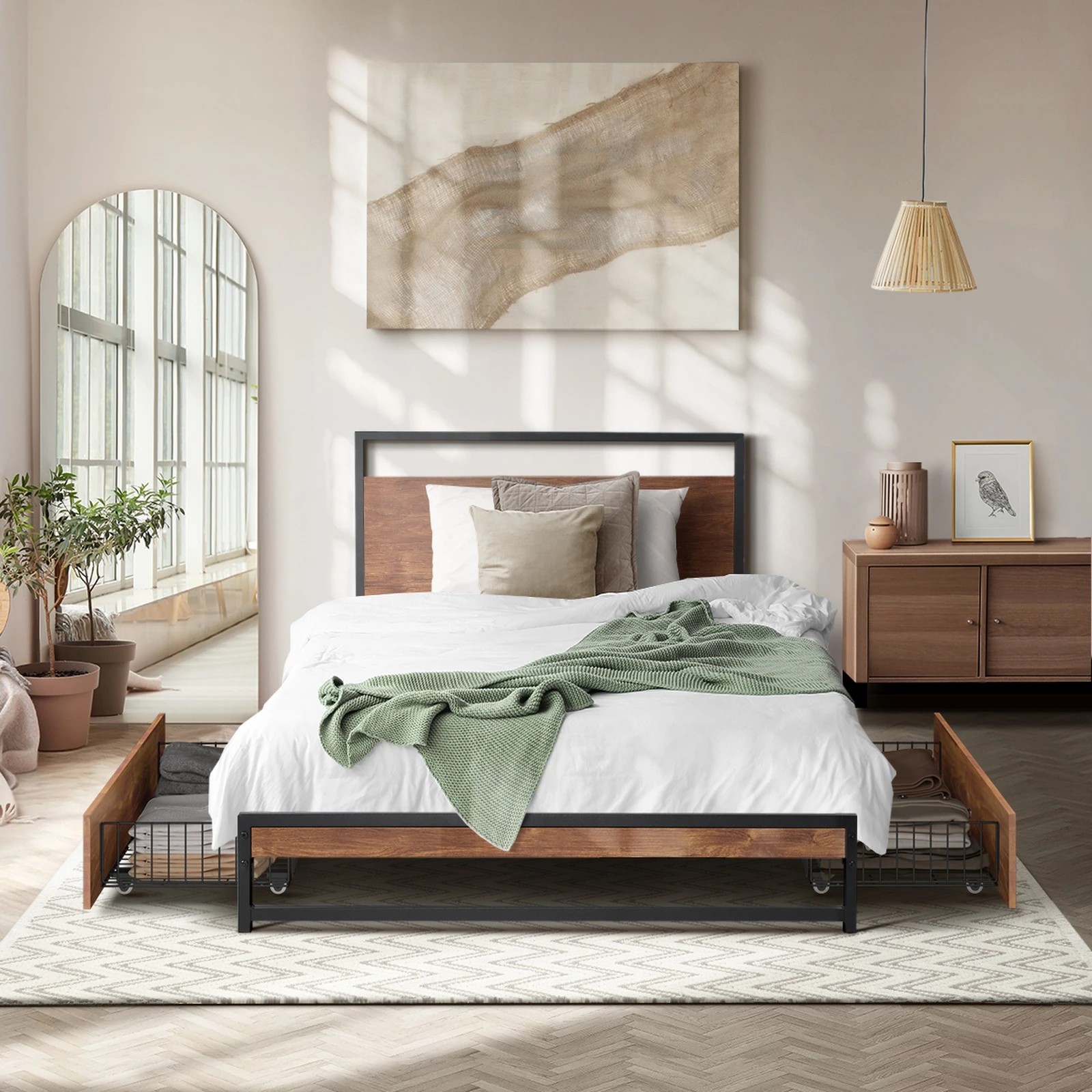 2 Oikiture Metal Bed Frame Single Size Beds Base Platform with 2 Drawers - Black, 2 of 9