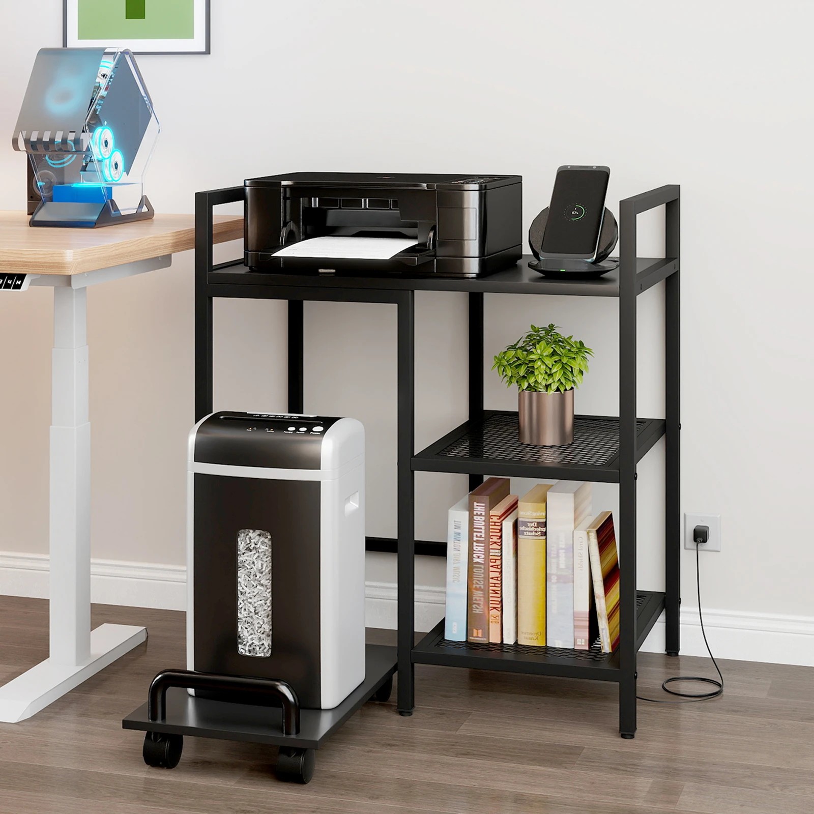 3 Costway Printer Stand w/Charging Station 3-Tier Storage Side Table - Black, 3 of 6