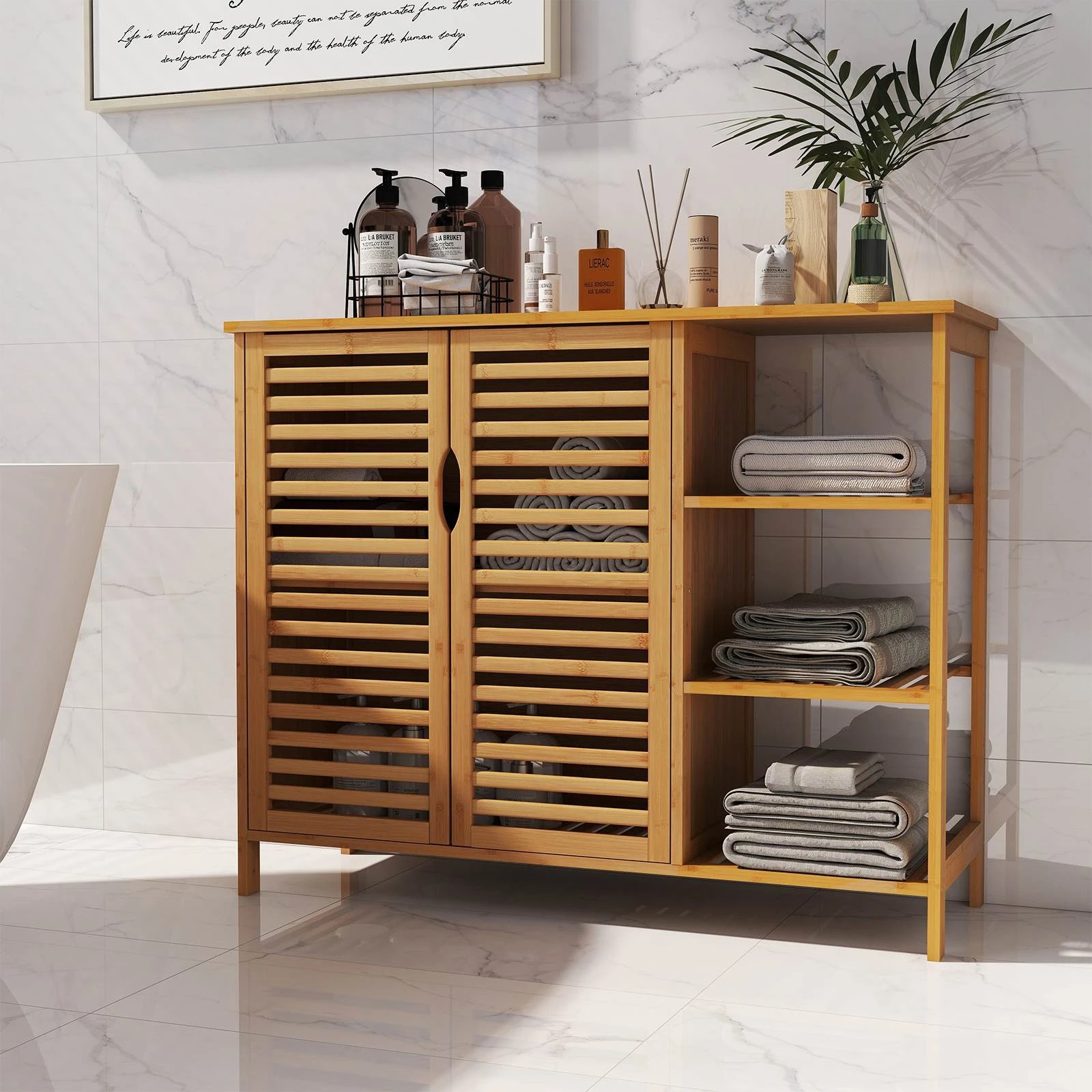 3 Costway Bamboo Bathroom Cabinet w/4-Tier Storage Shelves Freestanding Storage Unit, 3 of 4