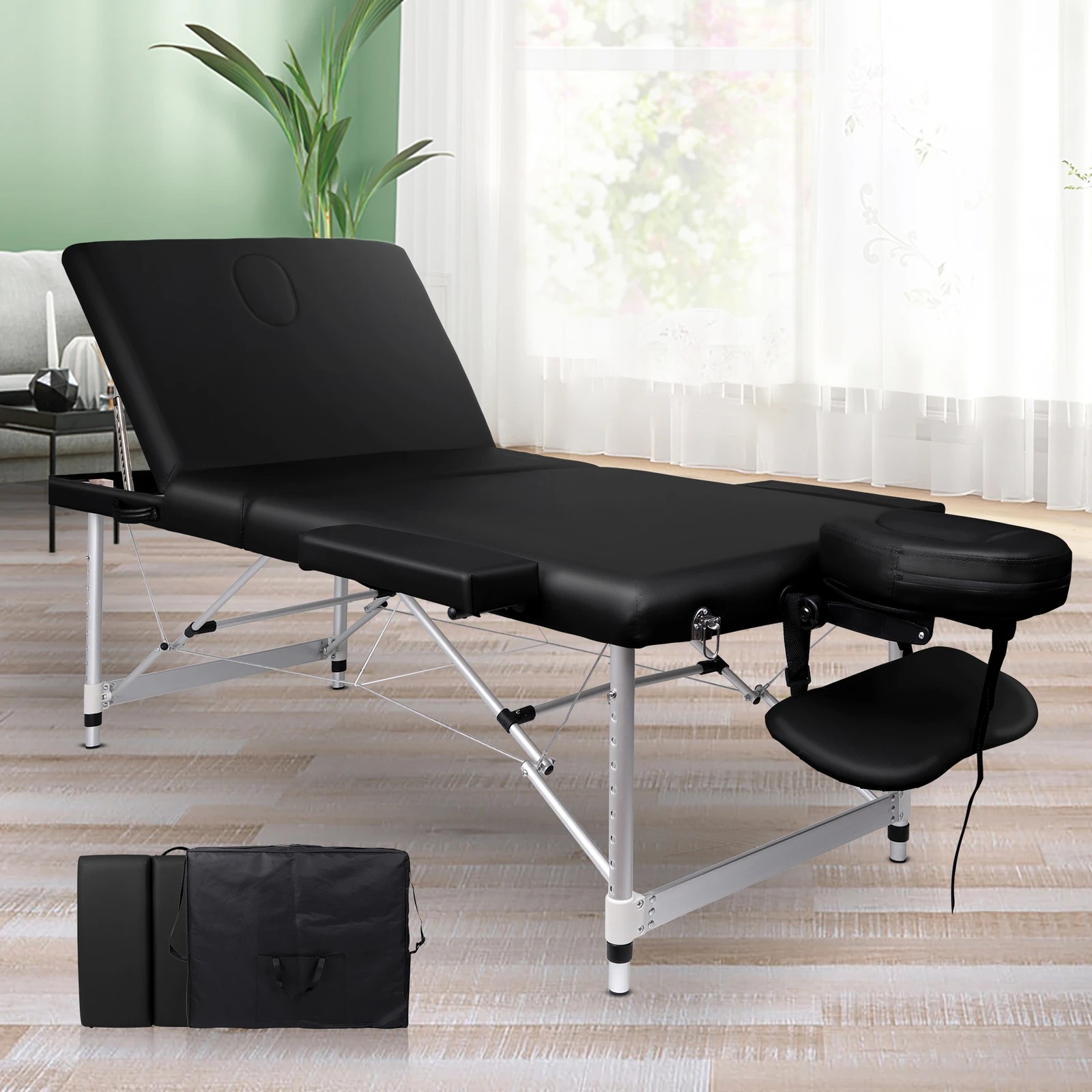 2 Alfordson Massage Table 3 Fold 85cm Foldable Portable Aluminium Lift Up Bed Desk - Black, 2 of 7