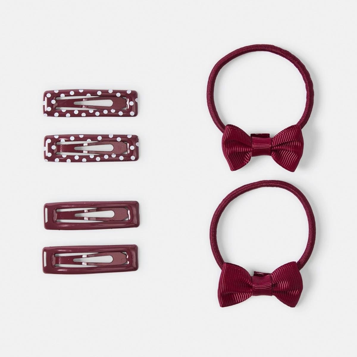 1 School Hair Clip and Mini Bow Hair Elastics Set Burgundy, 1 of 2