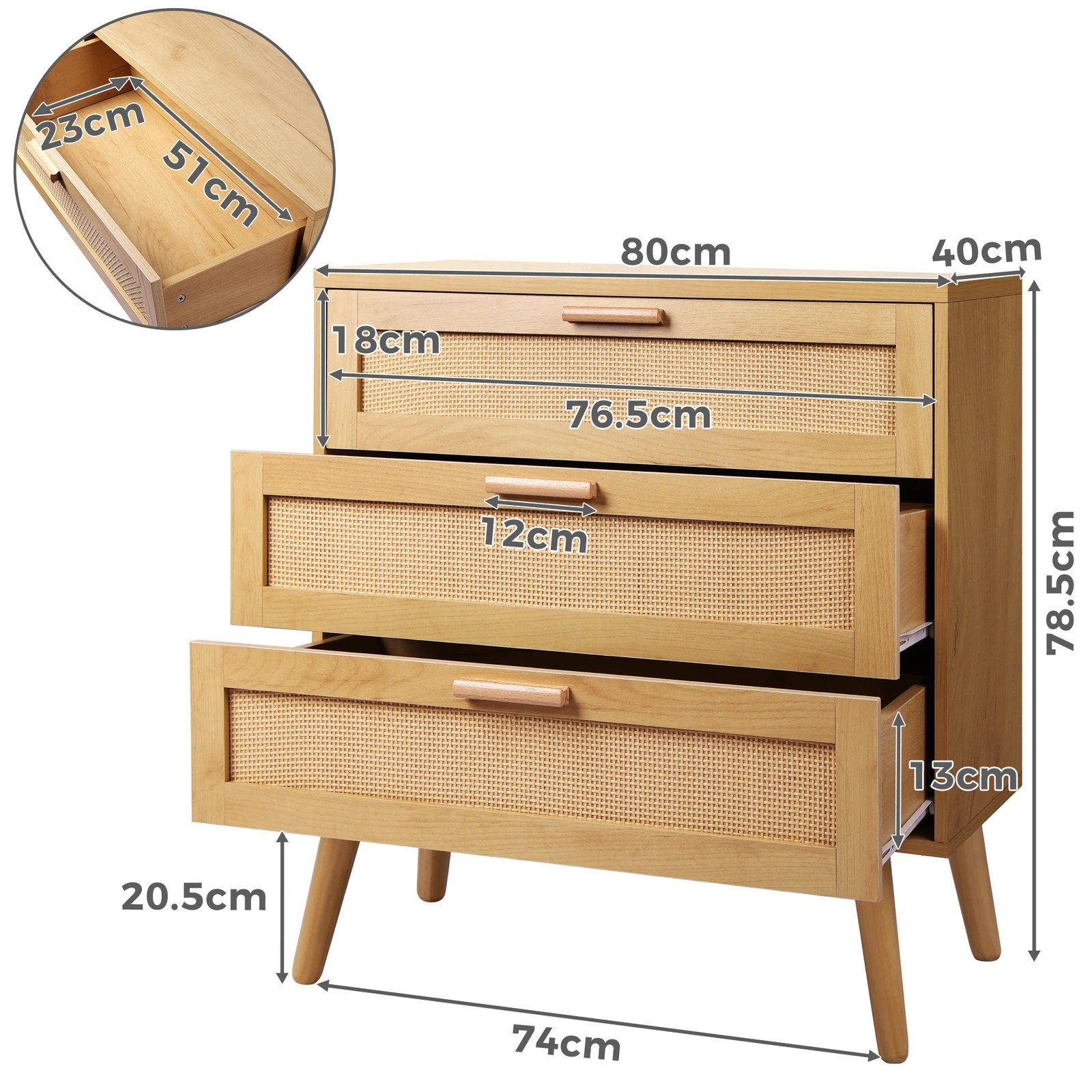 7 Alfordson 3 Chest of Drawers Rattan Cabinet Dresser - Oak, 7 of 8