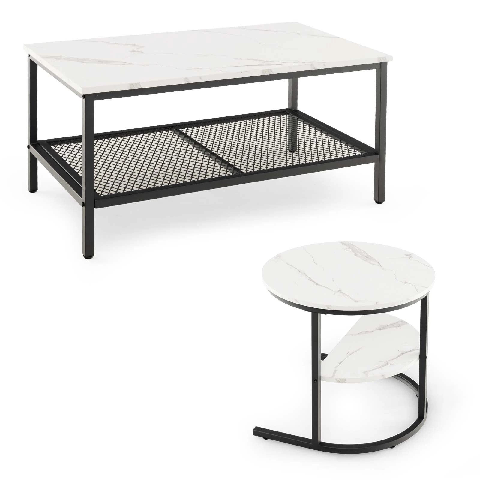 1 Costway Coffee Table Nesting Set of 2 w/Faux Marble Tabletop Stacking Side Table - Black, 1 of 6