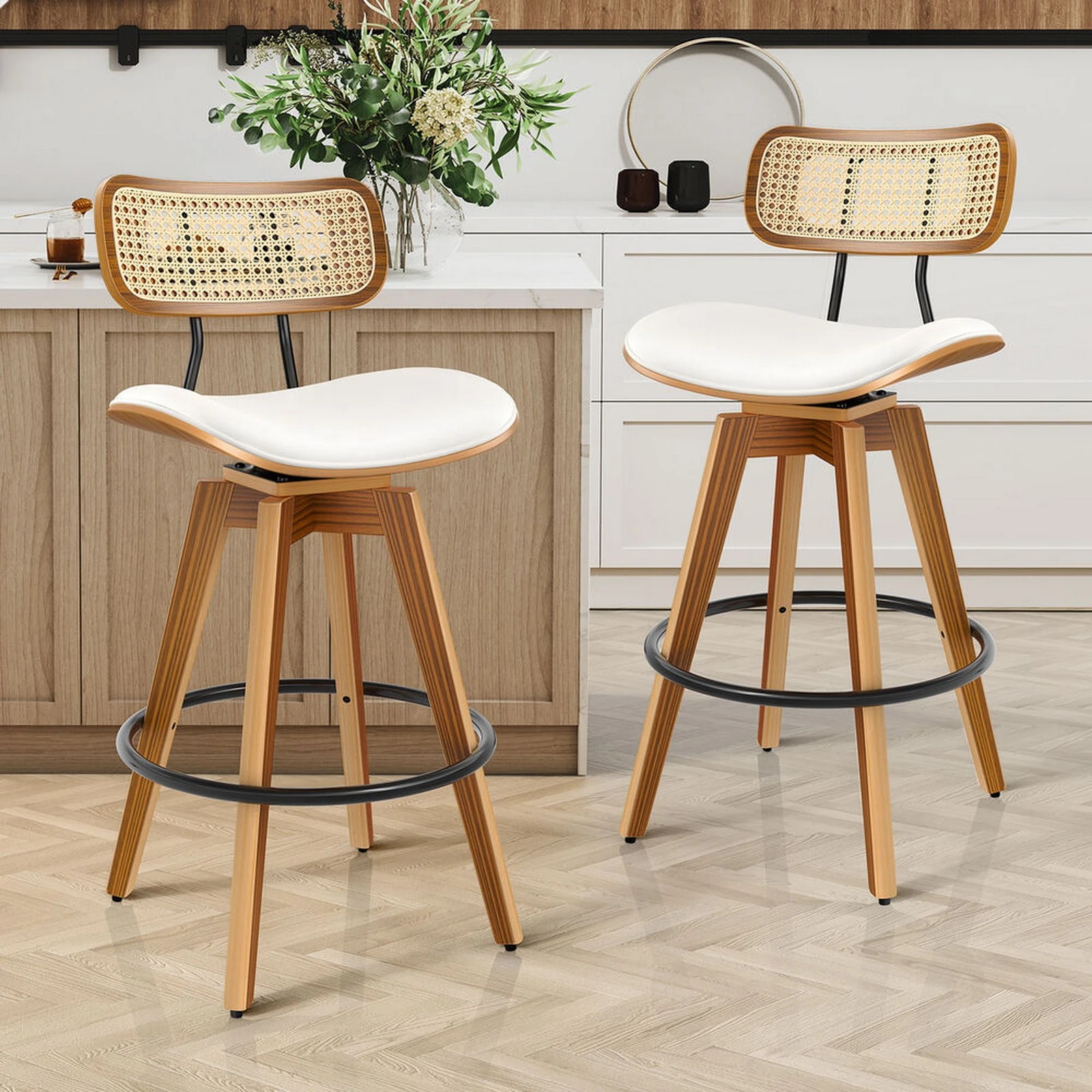 9 Alfordson 2x Bar Stools Kitchen Vintage Leather Seat Rattan Chair - White, 9 of 9
