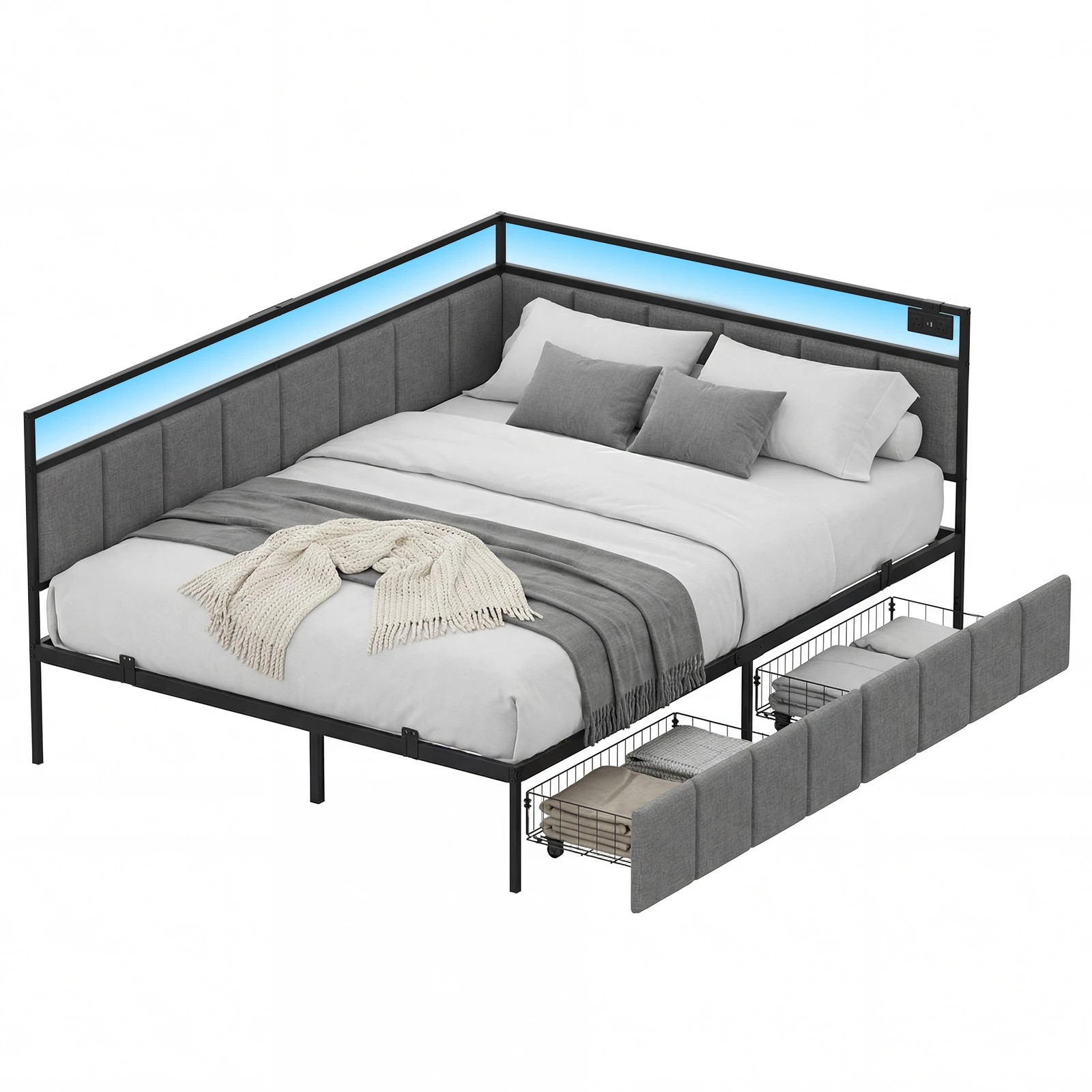 1 Advwin Double Corner Bed Frame with Charging Station and LED Light - Grey, 1 of 10