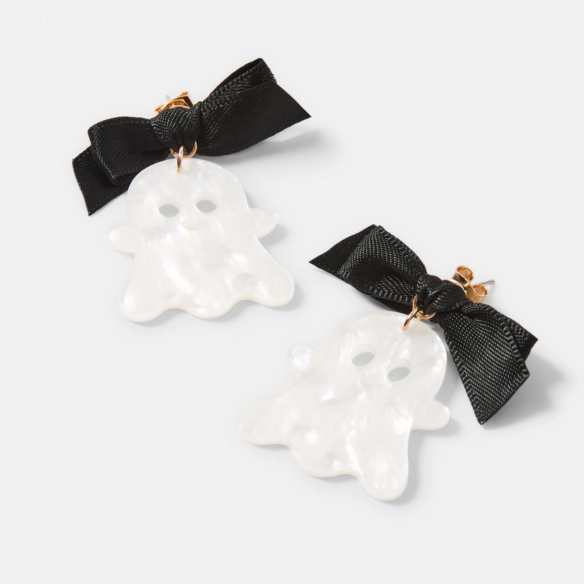 2 Halloween Ghost Stud Earrings - White, Black and Gold Tone Gold, 2 of 4