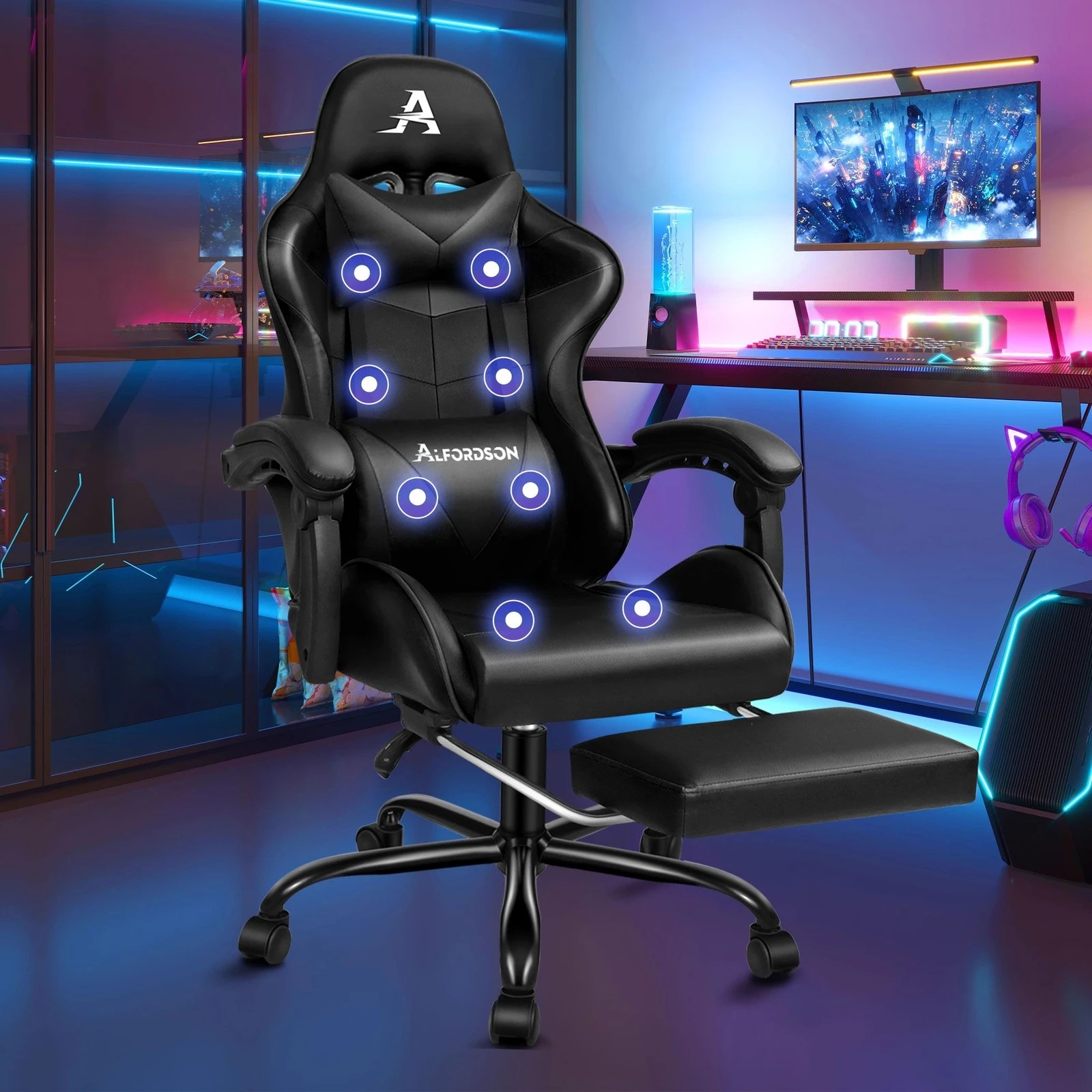 2 Alfordson Gaming Chair Office Massage Computer Racing Seat PU Leather - Black, 2 of 10