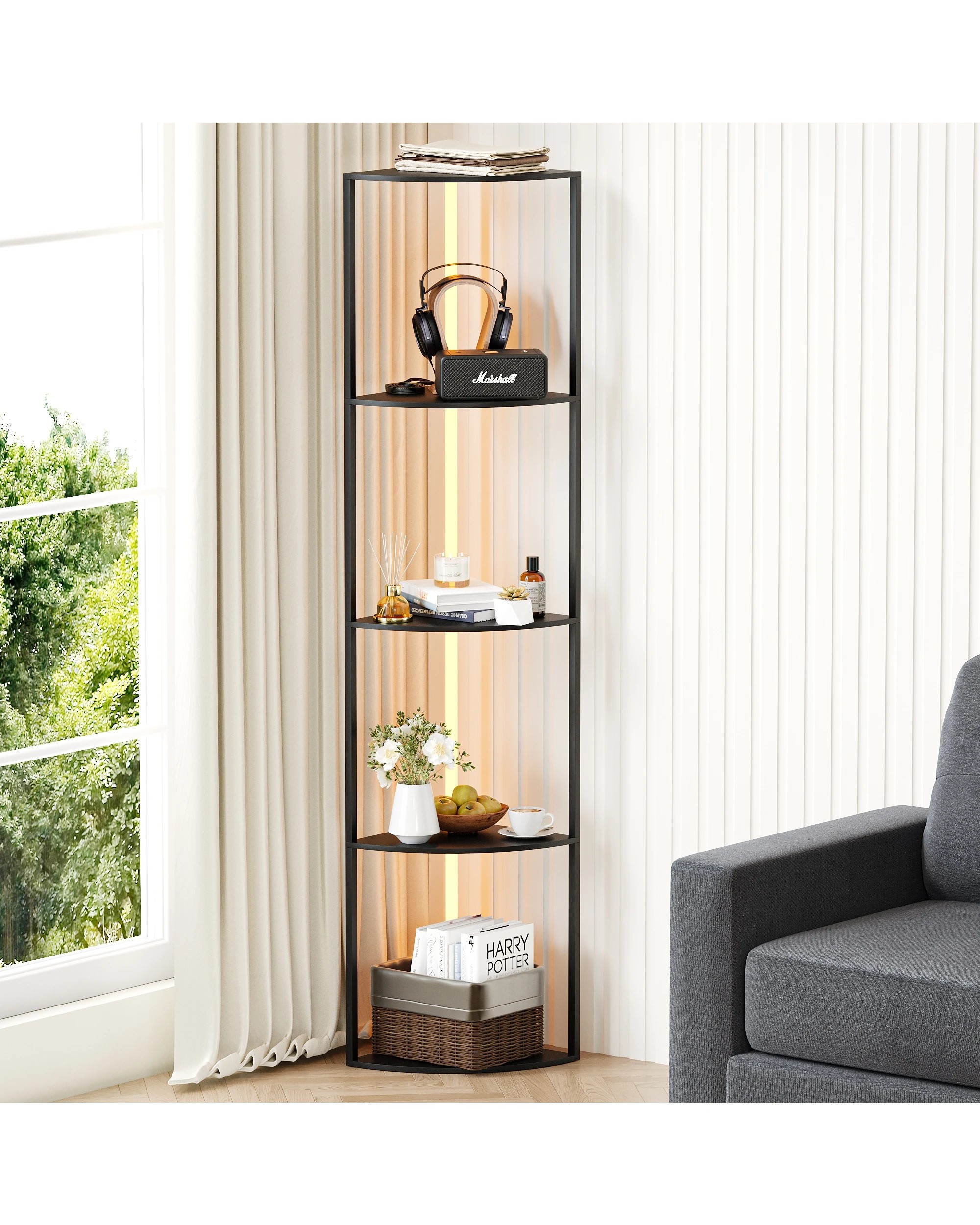 4 Advwin 5 Tier LED Corner Bookshelf 162.5 cm Standing Storage Display Shelf - Black, 4 of 10