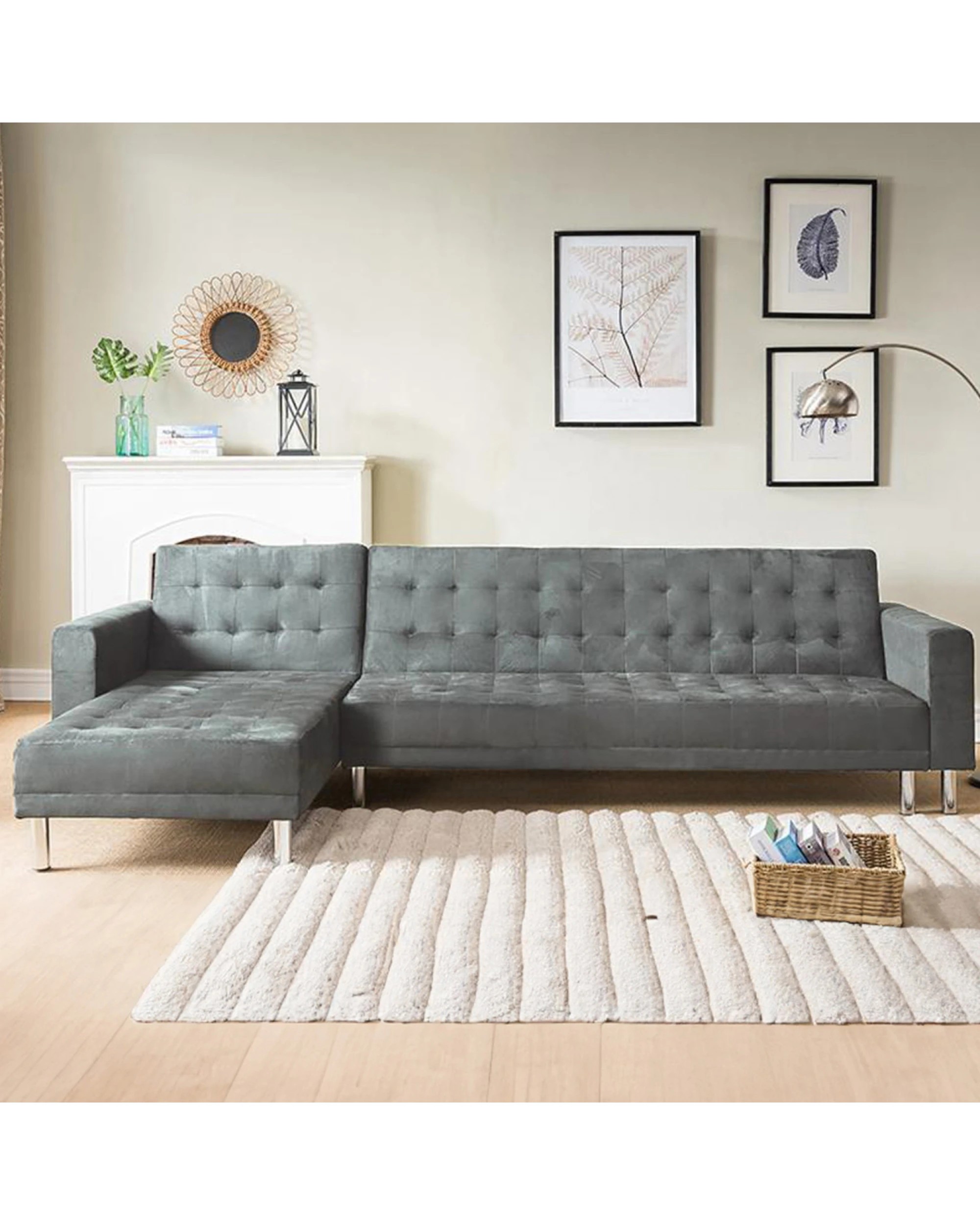 4 Sarantino Faux Velvet Corner Wooden Sofa Bed Couch With Chaise - Grey, 4 of 4