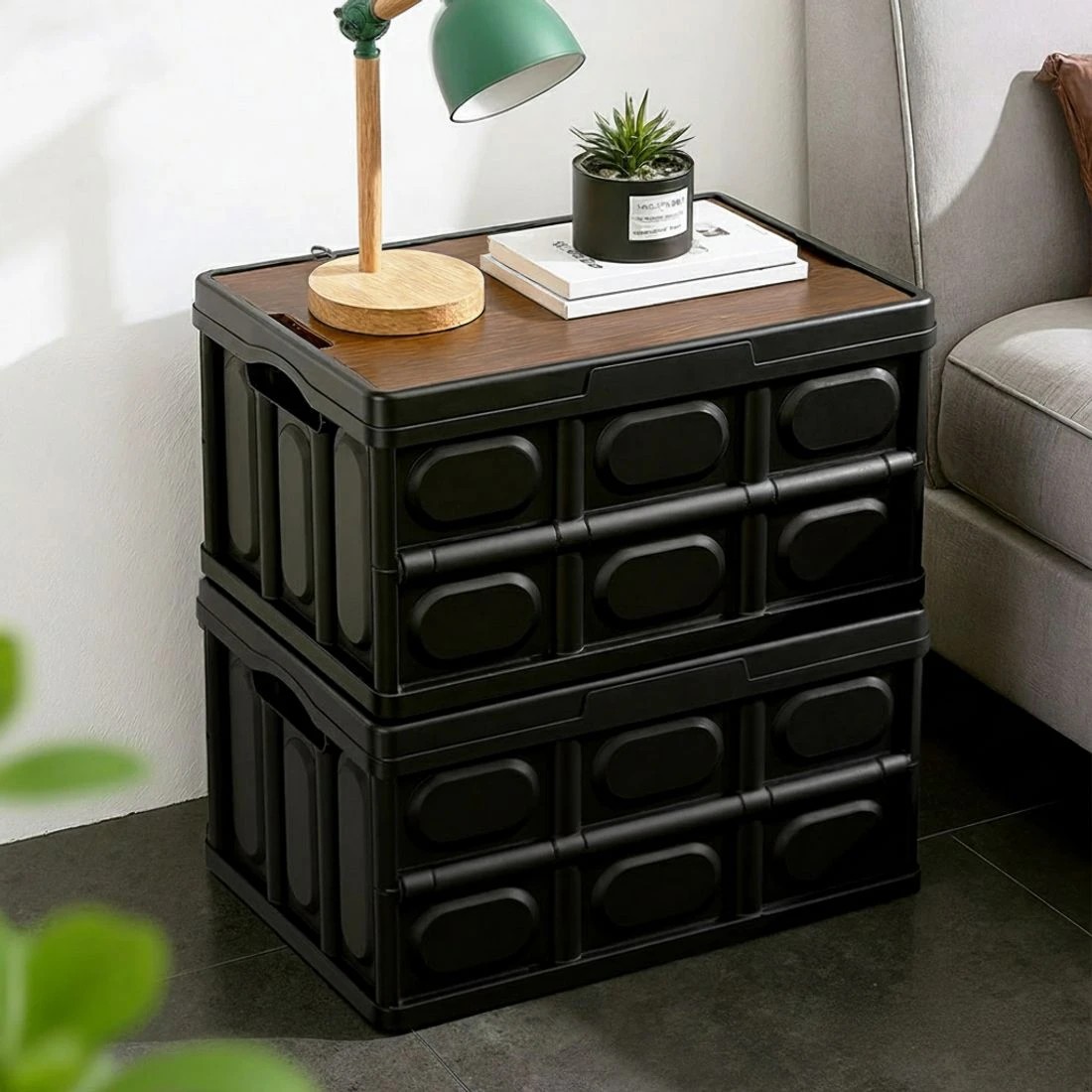 6 Gardeon Collapsible Outdoor Storage Box 50L Stackable Folding Camping Organizer Plywood Lid - Black, 6 of 7