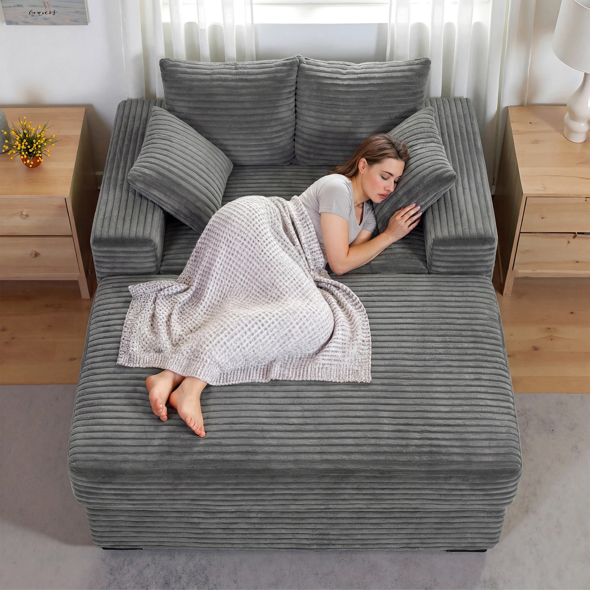 3 Advwin 146cm Chaise Lounge Chair with Storage Ottoman Fluffy Upholstered Sofa Bed - Grey, 3 of 10