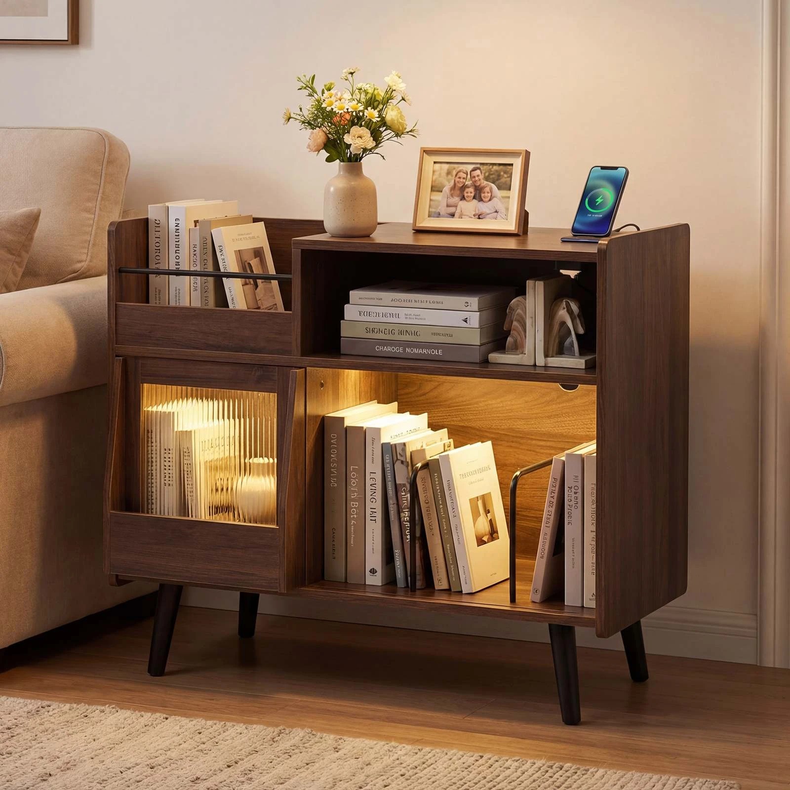2 Costway LED Record Player Stand Turntable Vinyl Storage Cabinet w/Power Outlets, 2 of 3