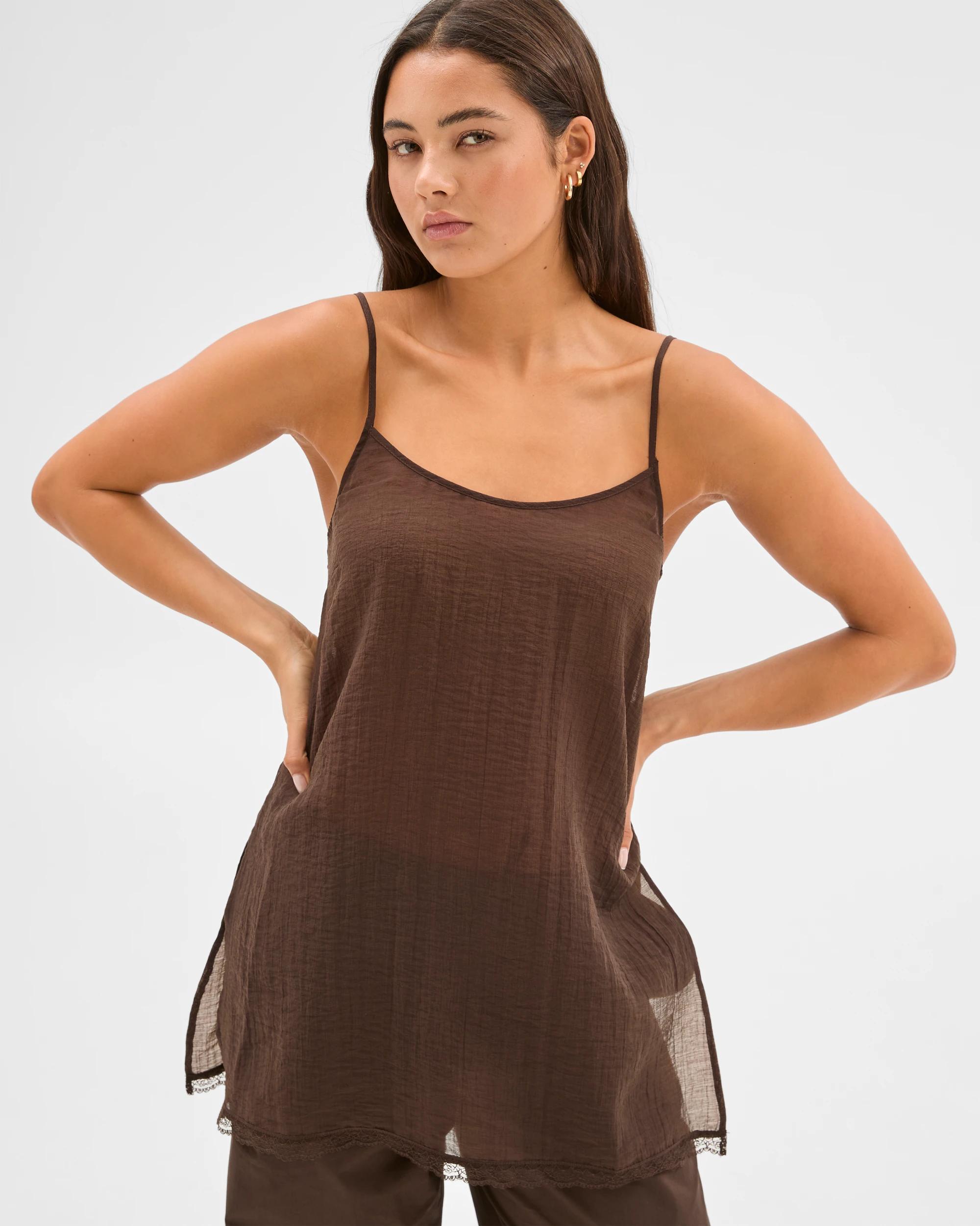 2 Sheer Tunic Strappy Cami - Lily Loves DEEP BROWN, 2 of 7