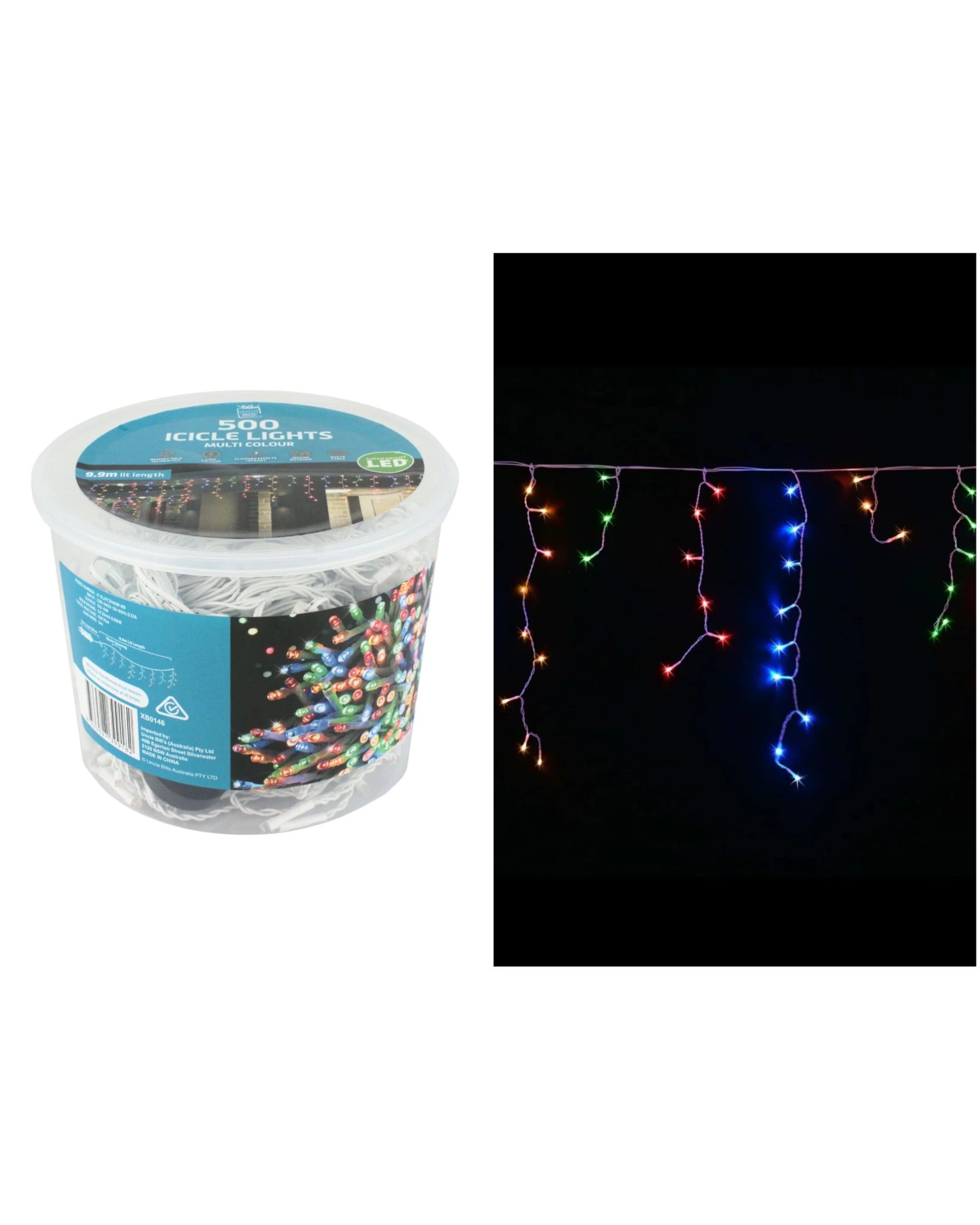 1 Uncle Bills 500 colour LED Icicle Lights 9.9m - Multi, 1 of 2