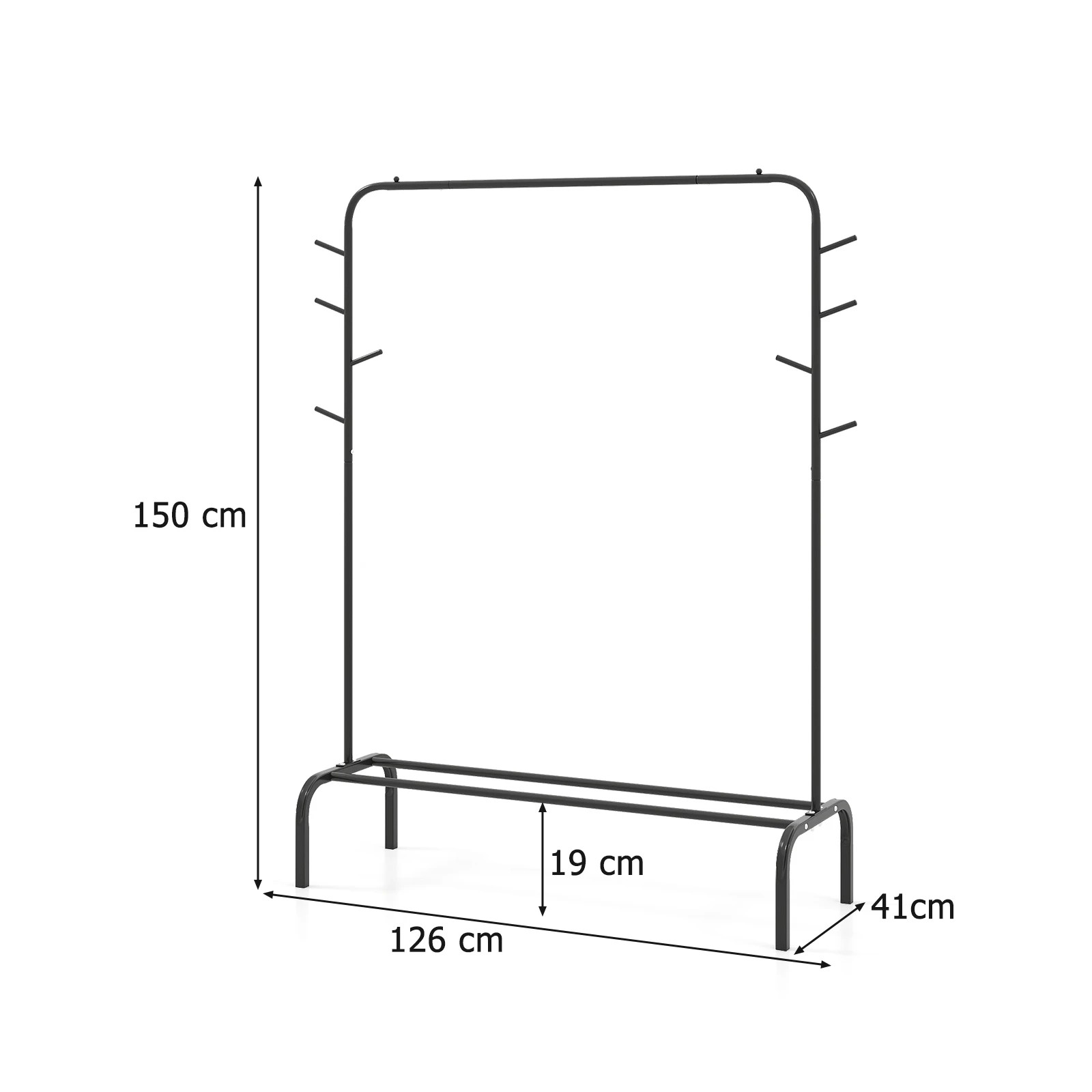4 Costway 1.5M Metal Clothes Rack w/8 Hooks & Storage Shelf Heavy Duty Garment Wardrobe Rack - Black, 4 of 5
