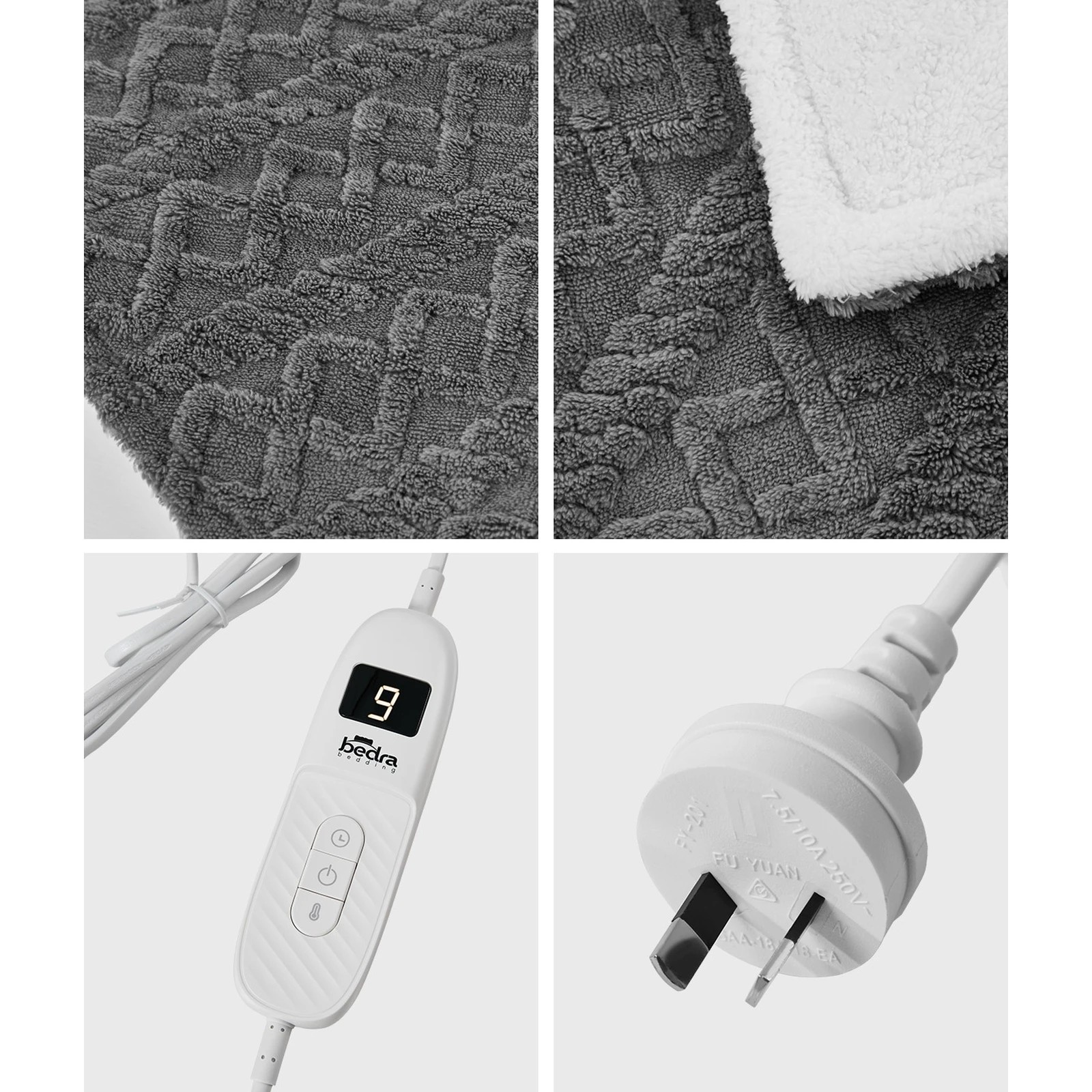 6 Bedra Bedding Electric Throw Rug Dual Side Heated Blanket Flannel&Sherpa Square Pattern - Single Bed - Grey, 6 of 8