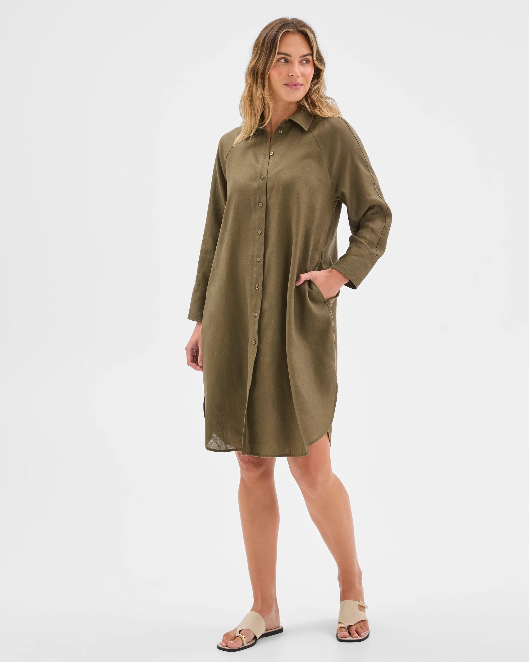 1 Target Woman European Linen 3/4 Sleeve Midi Shirt Dress DUSTY MOSS, 1 of 6