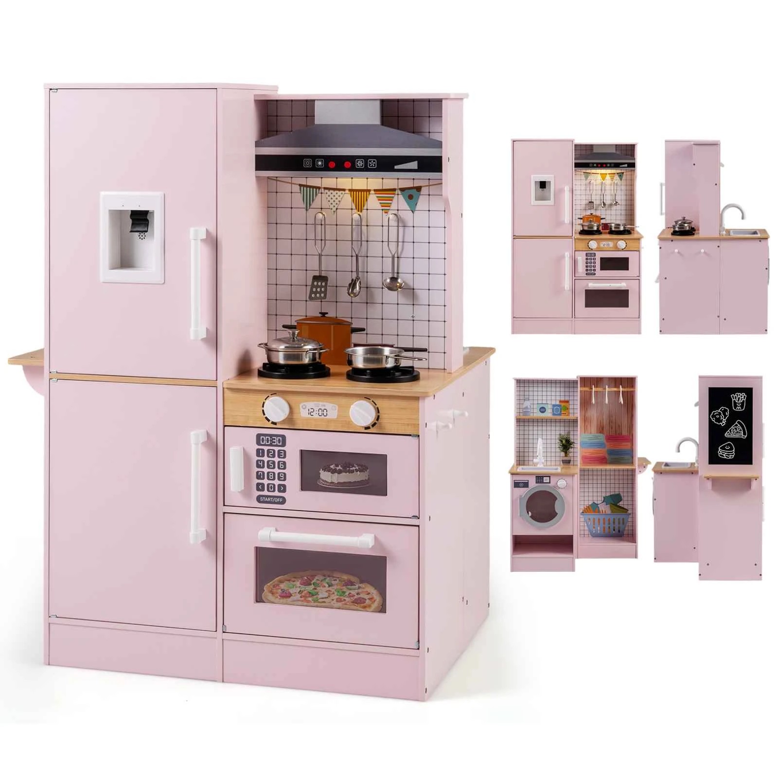 1 Costway Dual-Sided Wooden Kitchen Playset Pretend Play Kitchen - Pink, 1 of 1