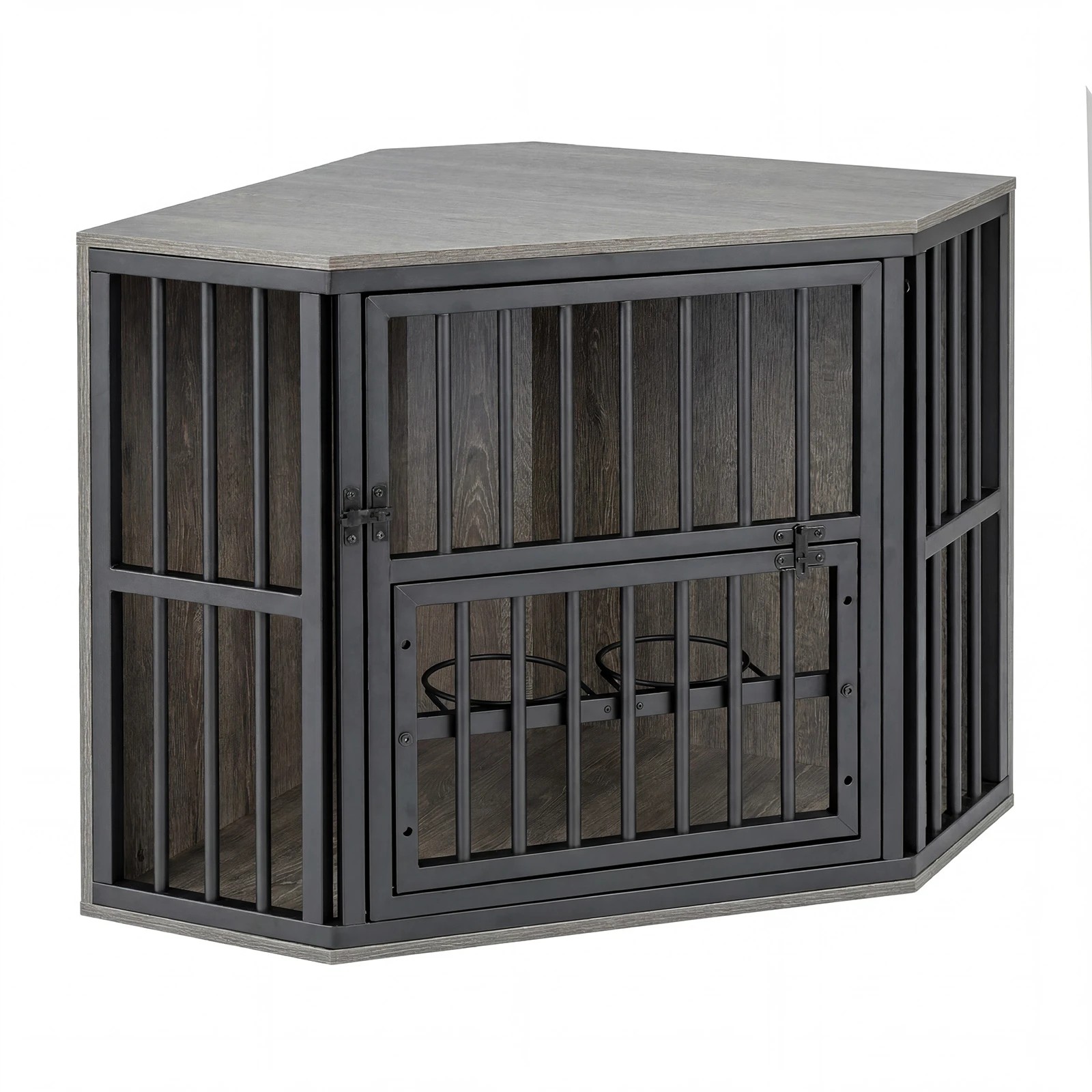 1 Costway Corner Dog Crate 2-in-1 Dog Kennel & TV Stand w/Dog Bowl Rack - Grey, 1 of 6
