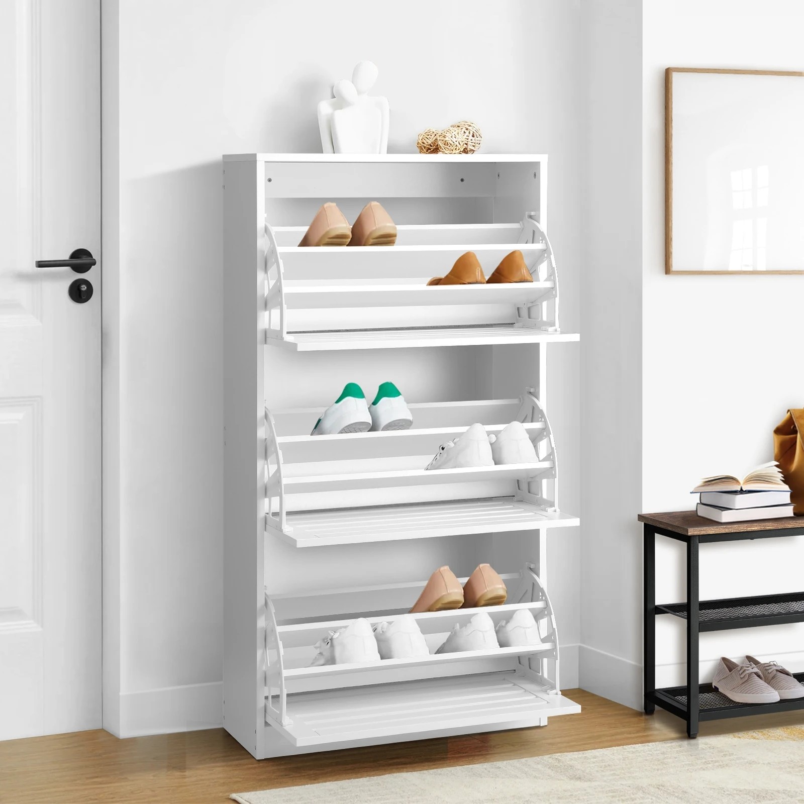 3 Oikiture Shoe Rack Shoes Storage Cabinet Organiser Shelf 3 Doors 45 Pairs
 - White, 3 of 5