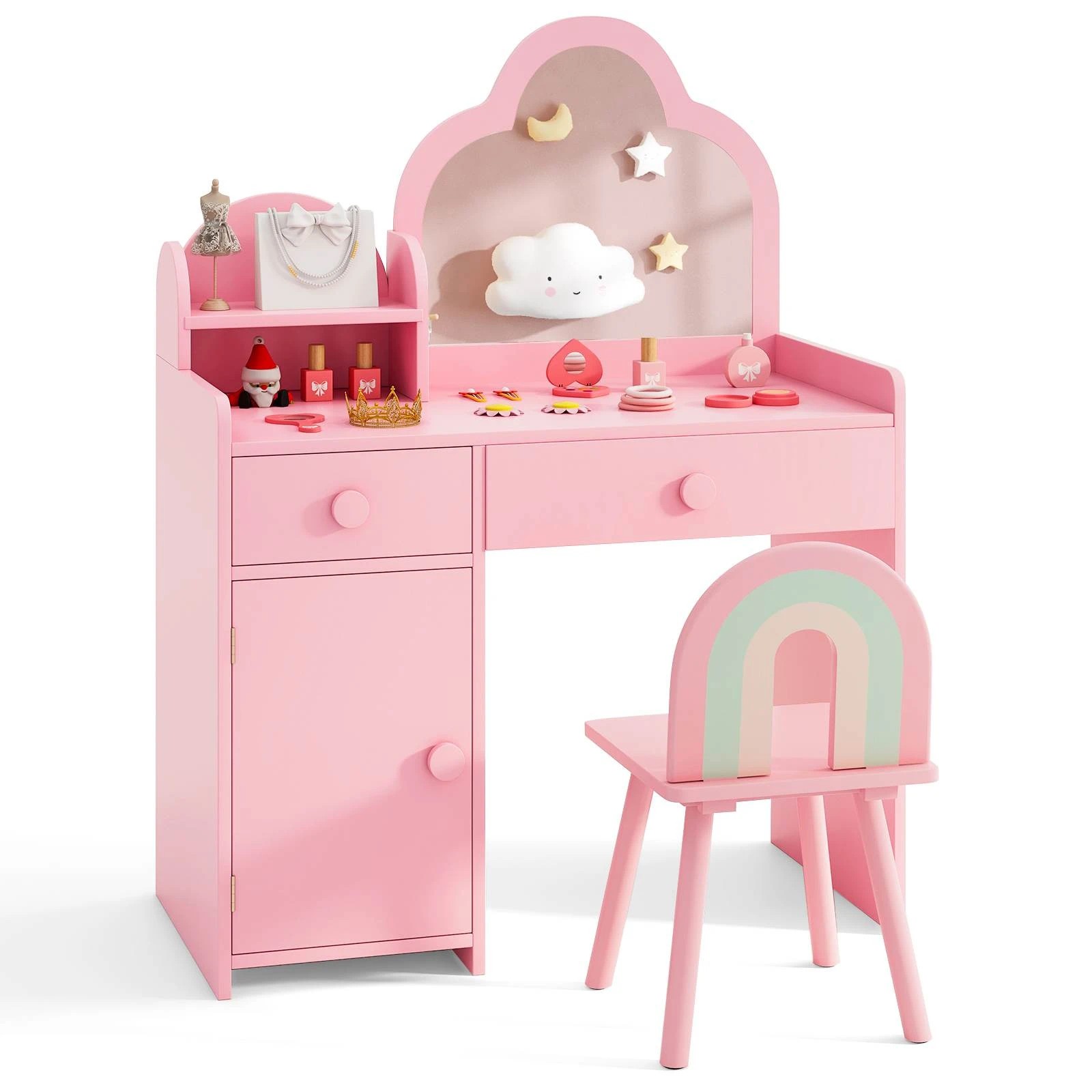 1 Costway 2-in-1 Mirror Vanity Set w/Detachable Top Princess Makeup Table Stool - Pink, 1 of 3