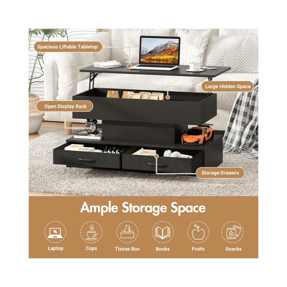 4 Advwin Lift up Top Coffee Table with Hidden Storage & Drawers RGB LED Lights Wooden Tea Table Black, 4 of 9