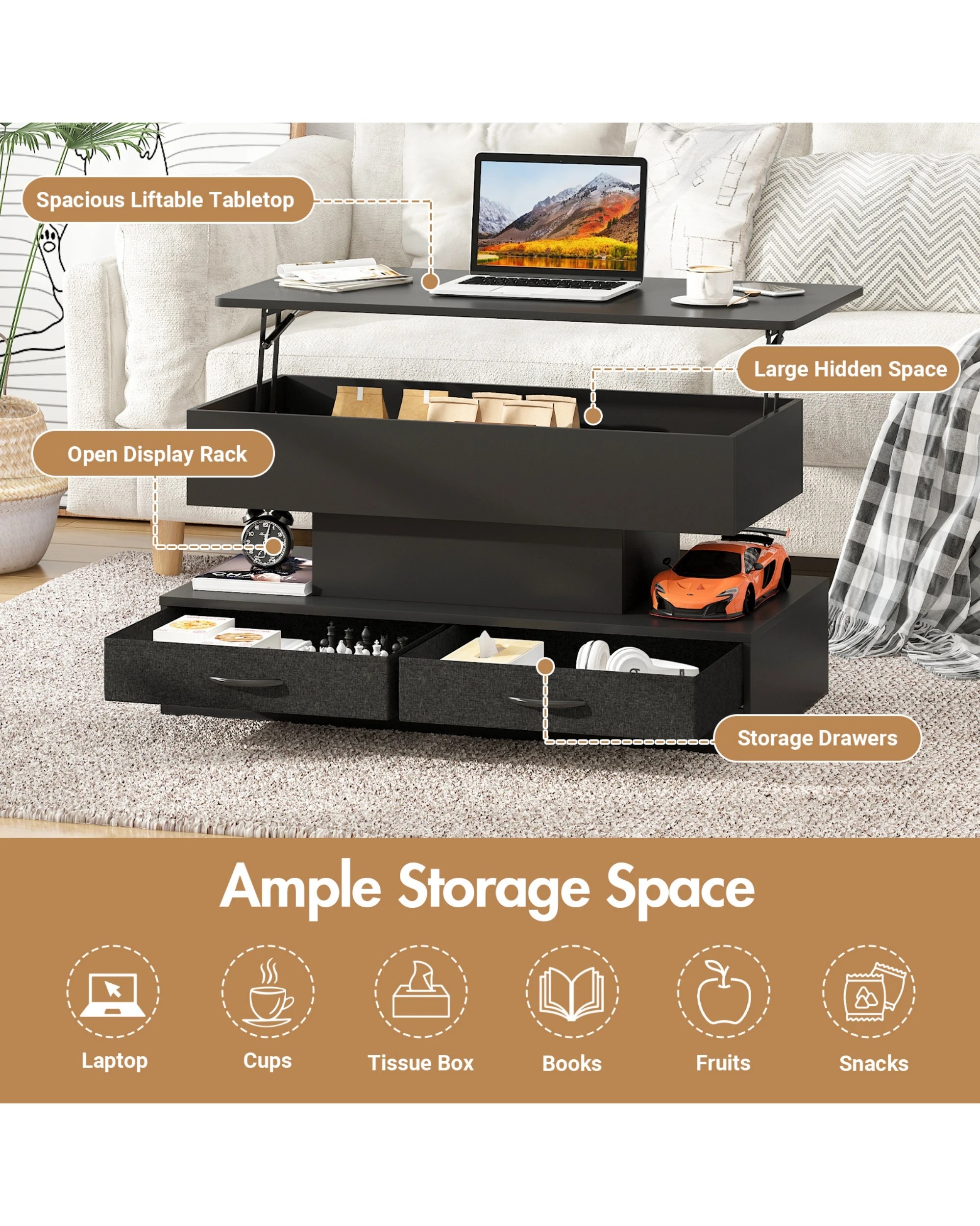 4 Advwin Lift up Top Coffee Table with Hidden Storage & Drawers RGB LED Lights Wooden Tea Table Black, 4 of 9