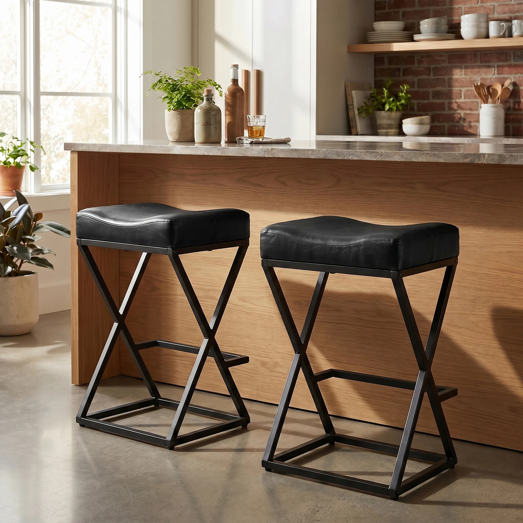 4 Advwin Bar Stools Set of 2 PU Leather Kitchen Counter Stools w/ U-Shape Cushion & Footrest - Black, 4 of 7