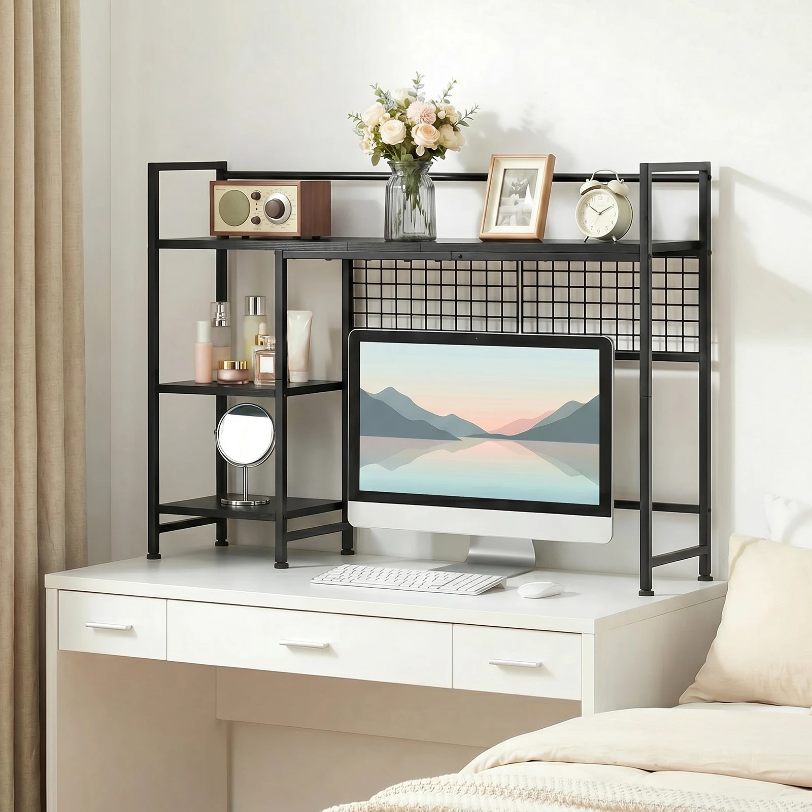 6 Advwin Desktop Organizer Shelf  Desktop Display Rack with Open shelves & 5 Hooks Desk Hutch for Computer Desk - Black, 6 of 7
