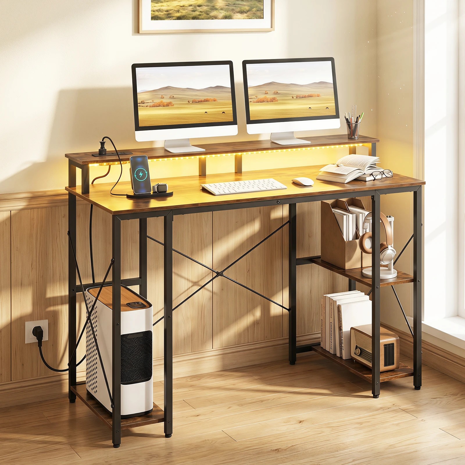 3 Costway 120cm Computer Desk w/Charging Station & LEDs Workstation Gaming Table - Brown, 3 of 5