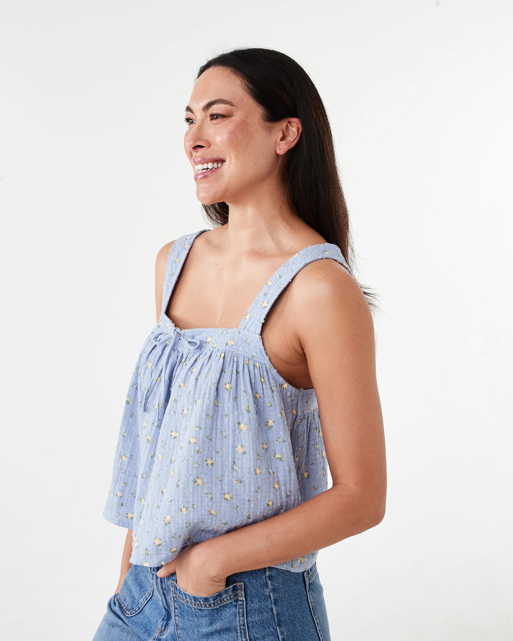 2 Sleeveless Tie Front Top Blue Ditsy, 2 of 6