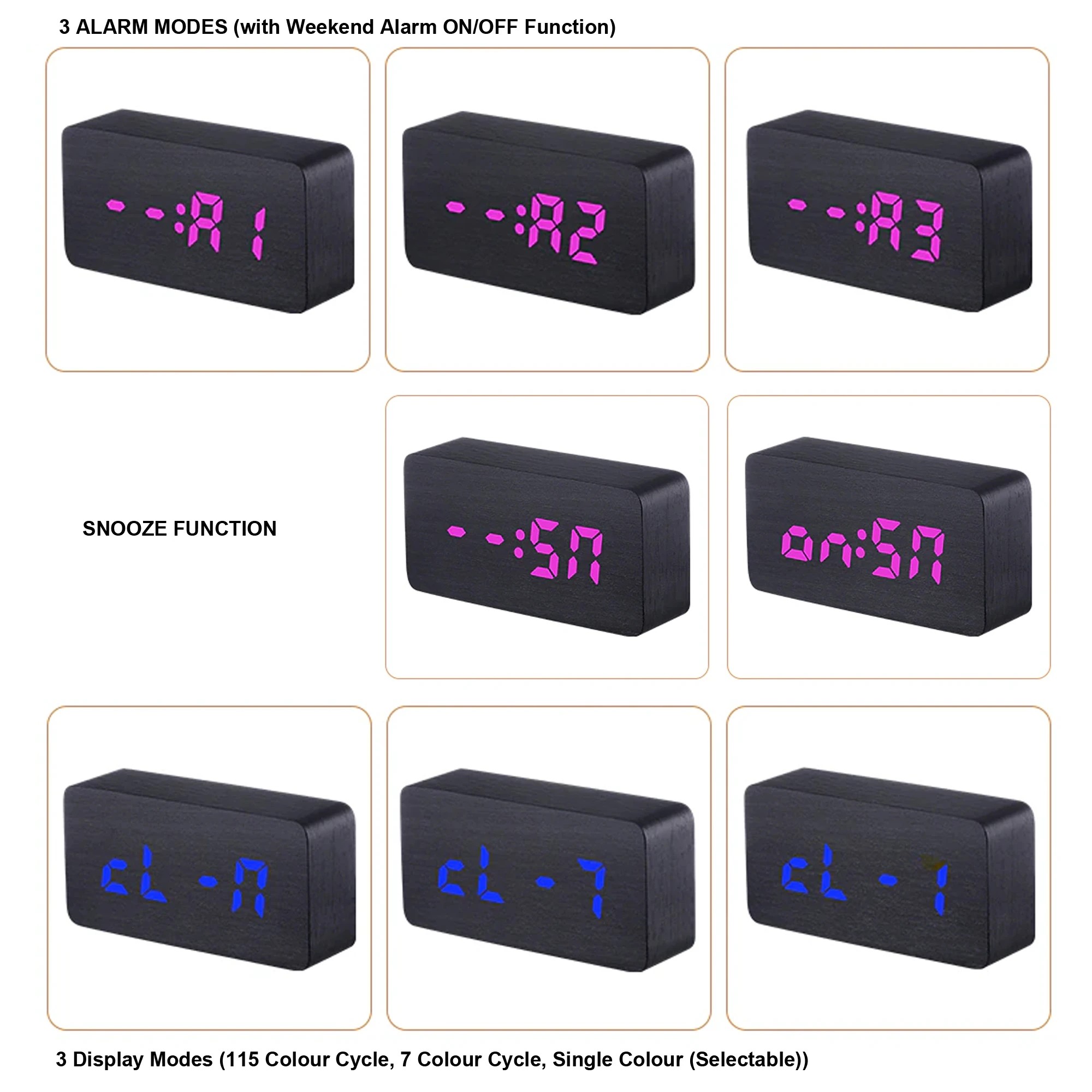 6 TODO LED Digital Alarm Clock 3 Alarm 115 Colour Display USB Power Woodgrain - Black, 6 of 6
