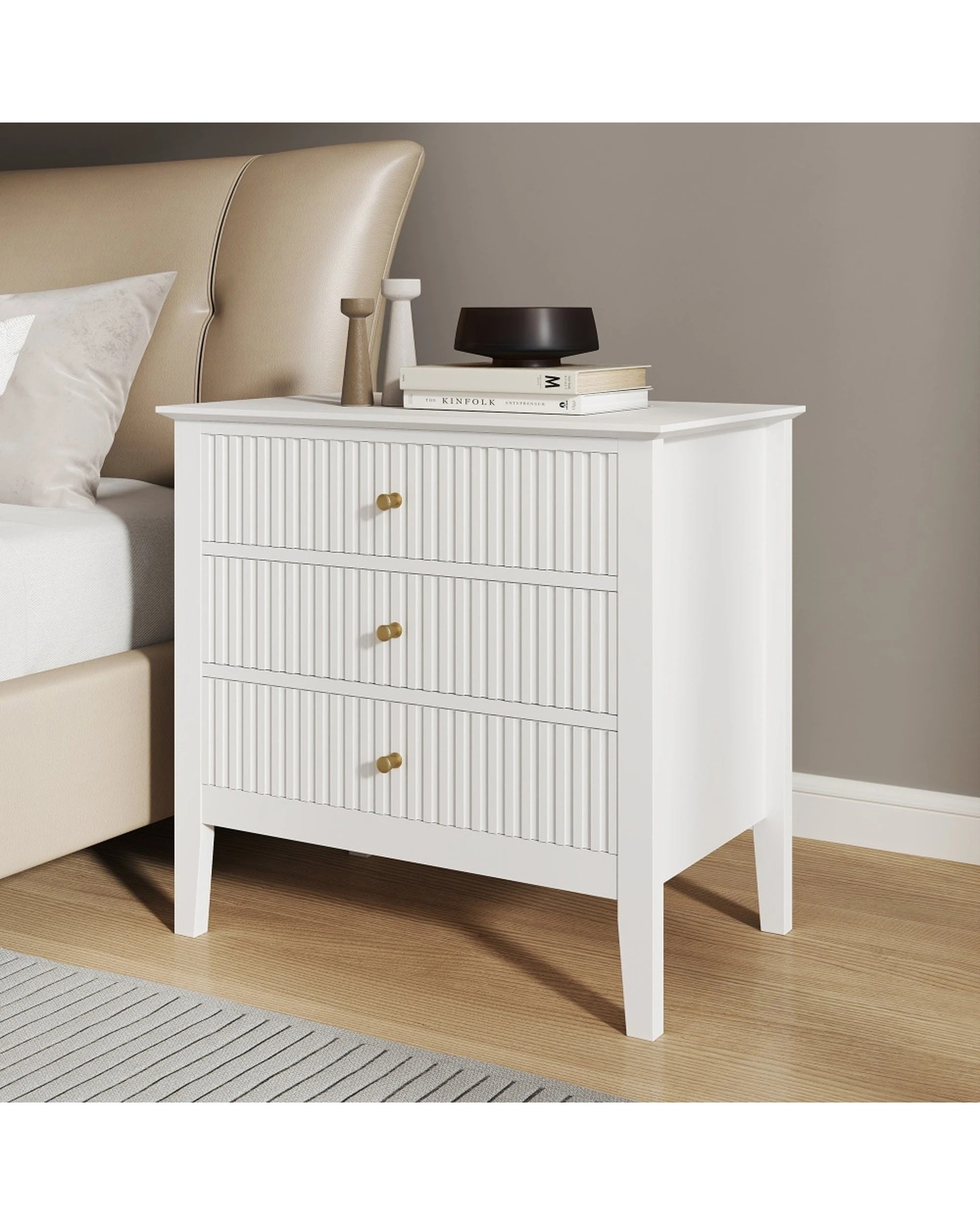 3 Alpine Bay Zara Fluted Wide 3 Drawer MDF Storage Bedside Table Storage Furniture - White, 3 of 7
