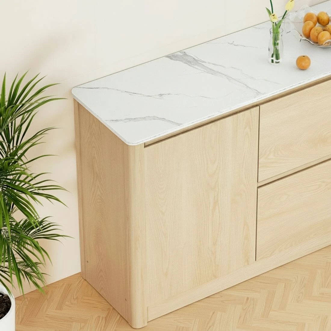 7 Artiss Buffet Sideboard Chest Drawers Cupboard Storage Marble Type Tabletop Pine - Brown, 7 of 8