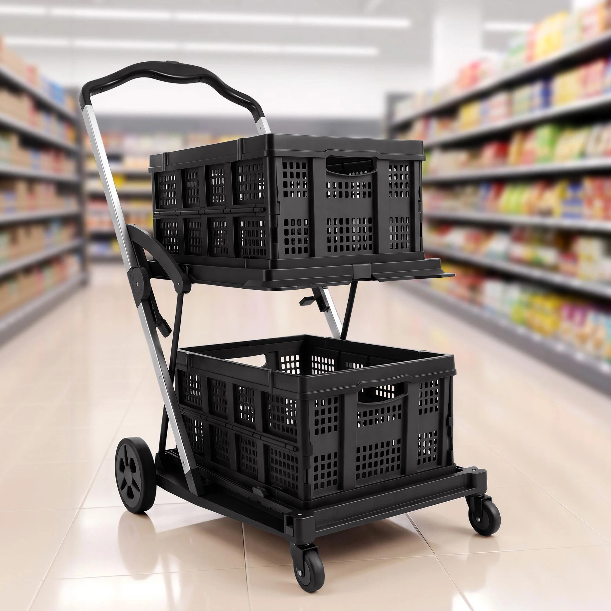 10 Artiss Shopping Trolley with Wheel 2 Layer w/2 Crates Foldable Trolley Cart for Grocery 90kg Weight Capacity - Multi, 10 of 10