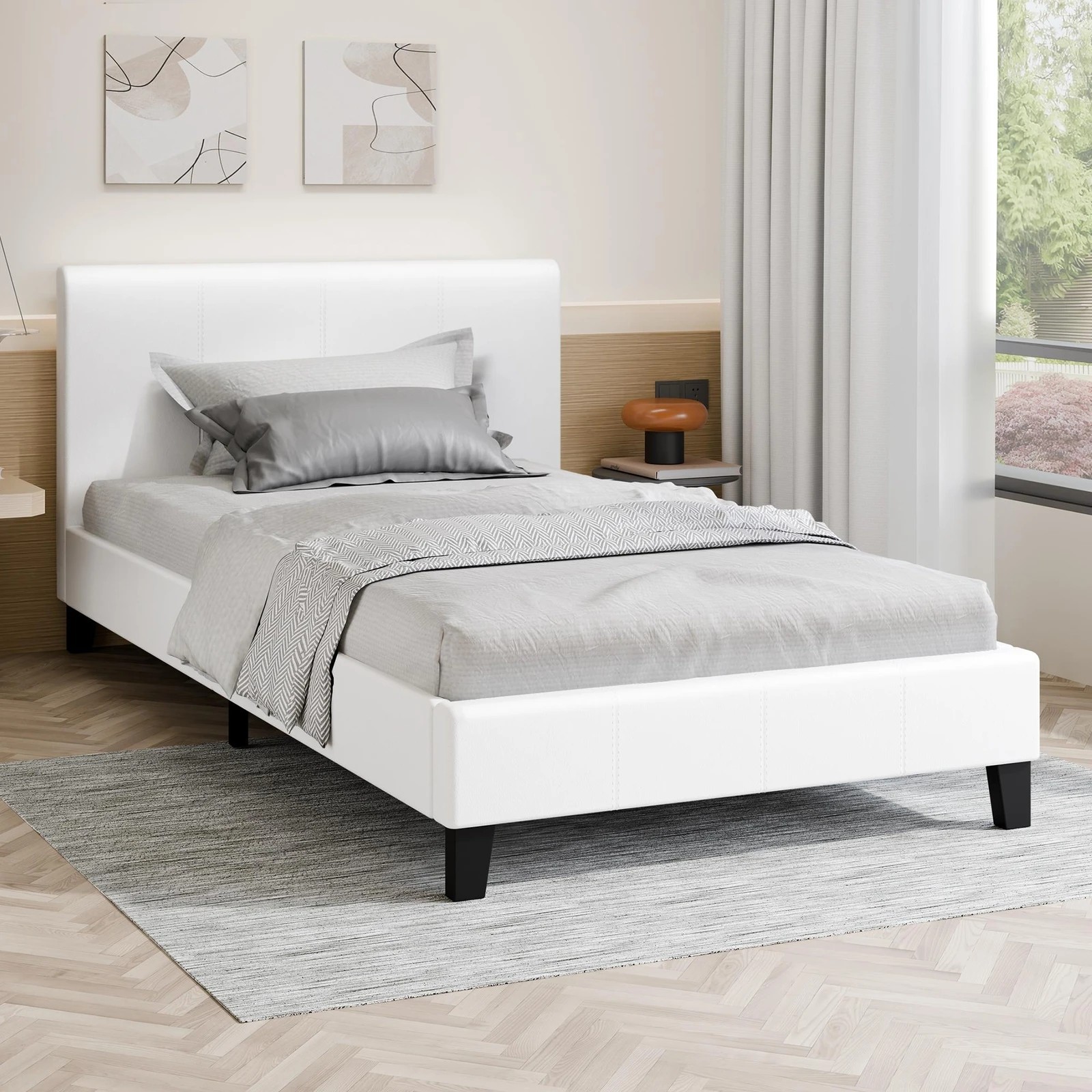 6 Alfordson Bed Frame Single Size Mattress Base Wooden Platform Leather - White, 6 of 10