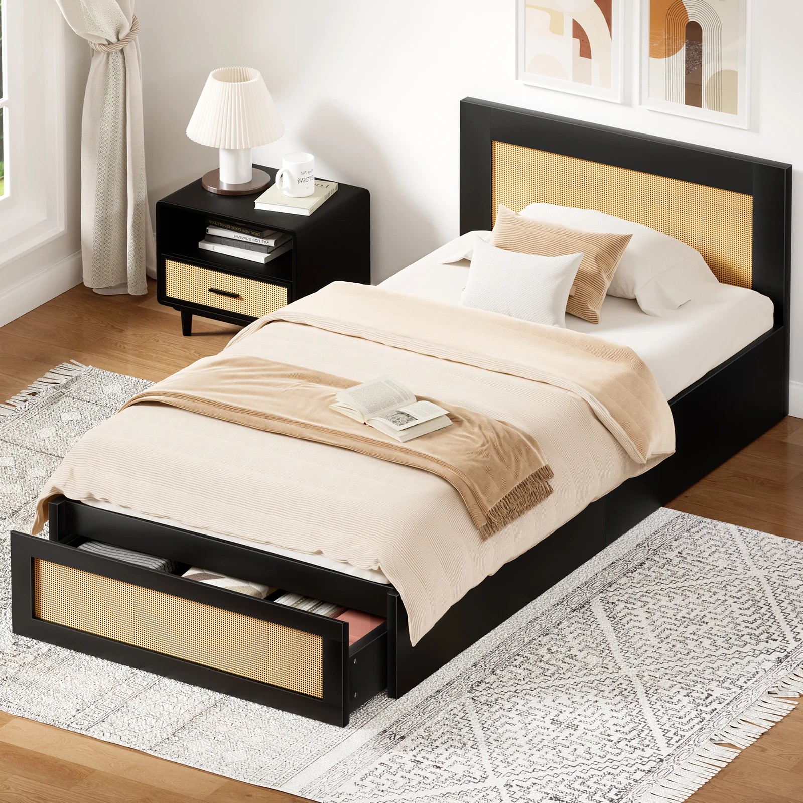 10 Alfordson Wooden Bed Frame Single Size Rattan Bed Base with Storage Drawer - Black, 10 of 10