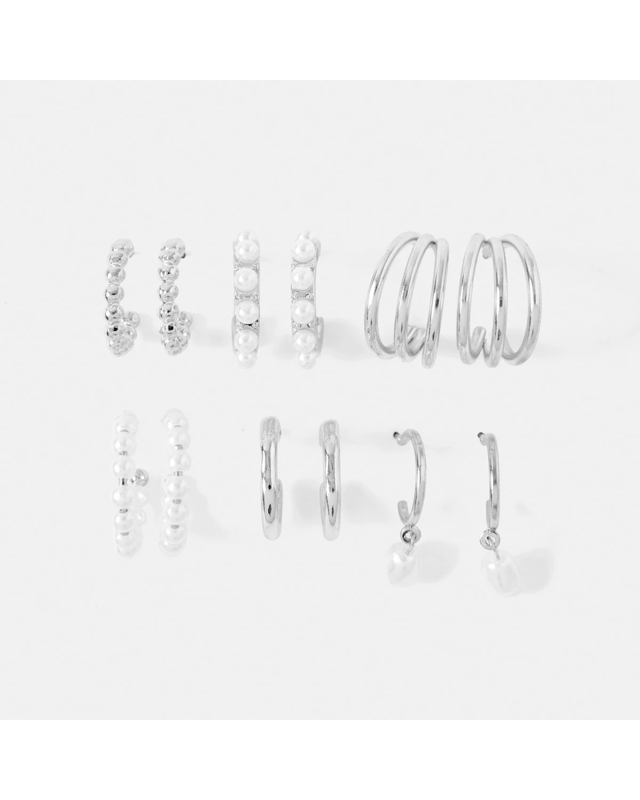 6 Pack Mini Faux Pearl Hoop Earrings - Silver 