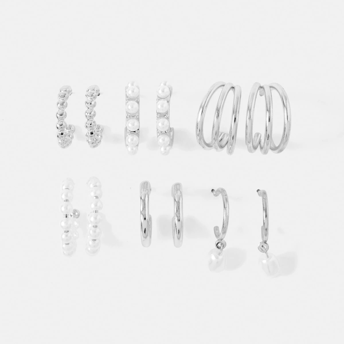 1 6 Pack Mini Faux Pearl Hoop Earrings - Silver Tone, 1 of 5