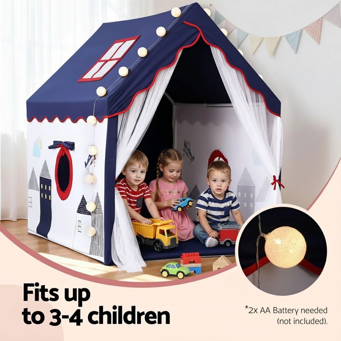 4 Keezi Kids Play Tent Playhouse Castle with Floor Mat String Ball Light 134X103CM - Multi, 4 of 6