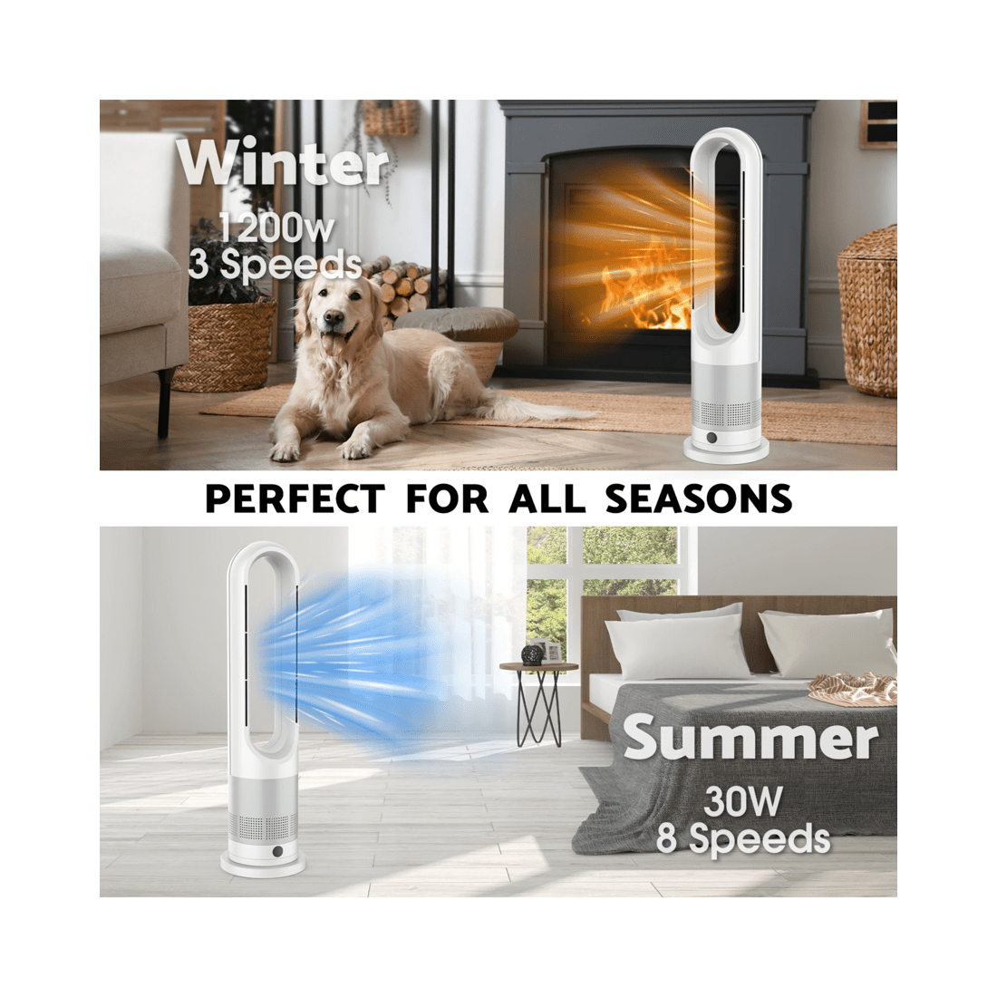 4 Advwin Bladeless Tower Fan, 2 In 1 Electric Fan Heater With 8 Speeds, For Room Bedroom Office Use, 4 of 8