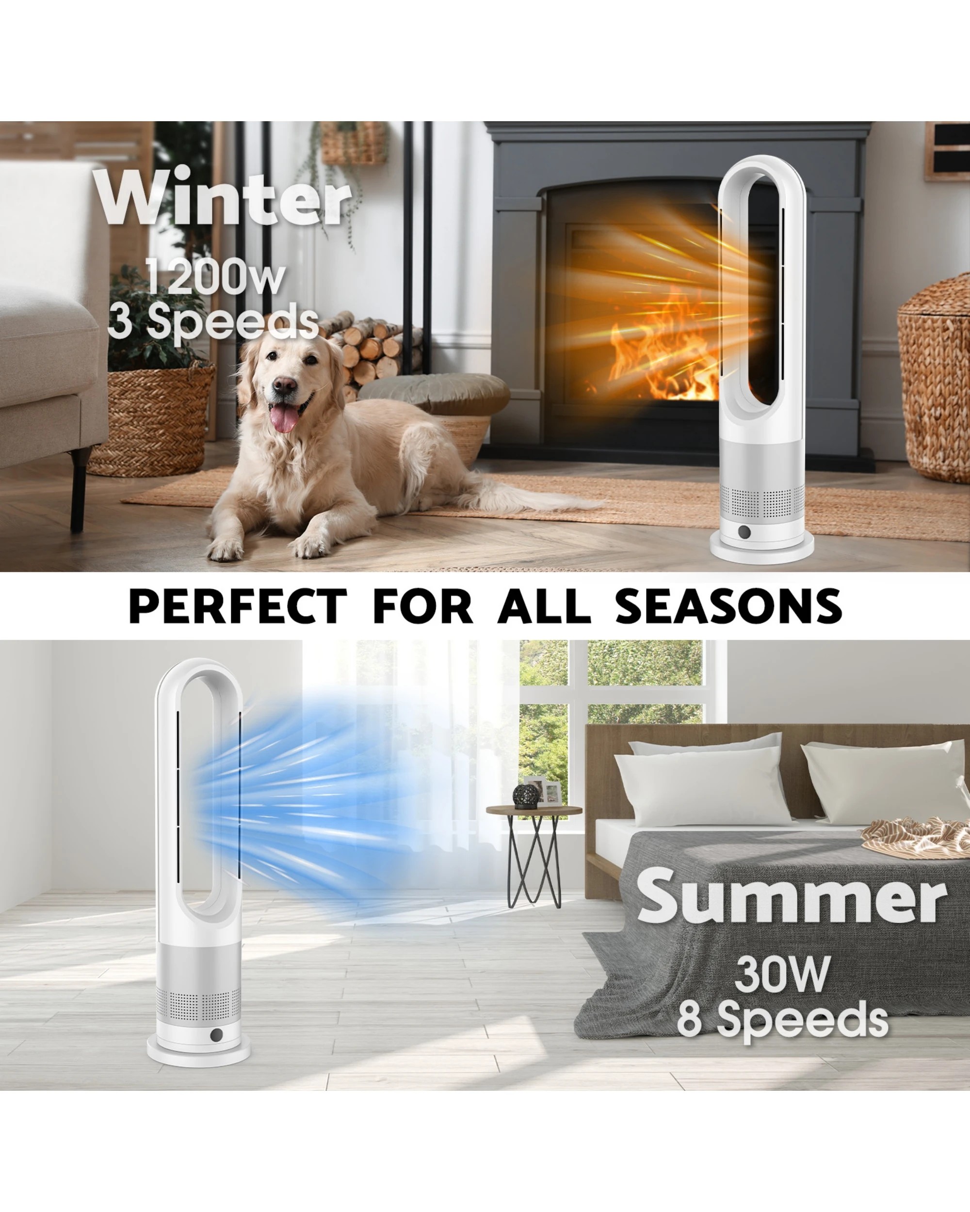 4 Advwin Bladeless Tower Fan, 2 In 1 Electric Fan Heater With 8 Speeds, For Room Bedroom Office Use, 4 of 8