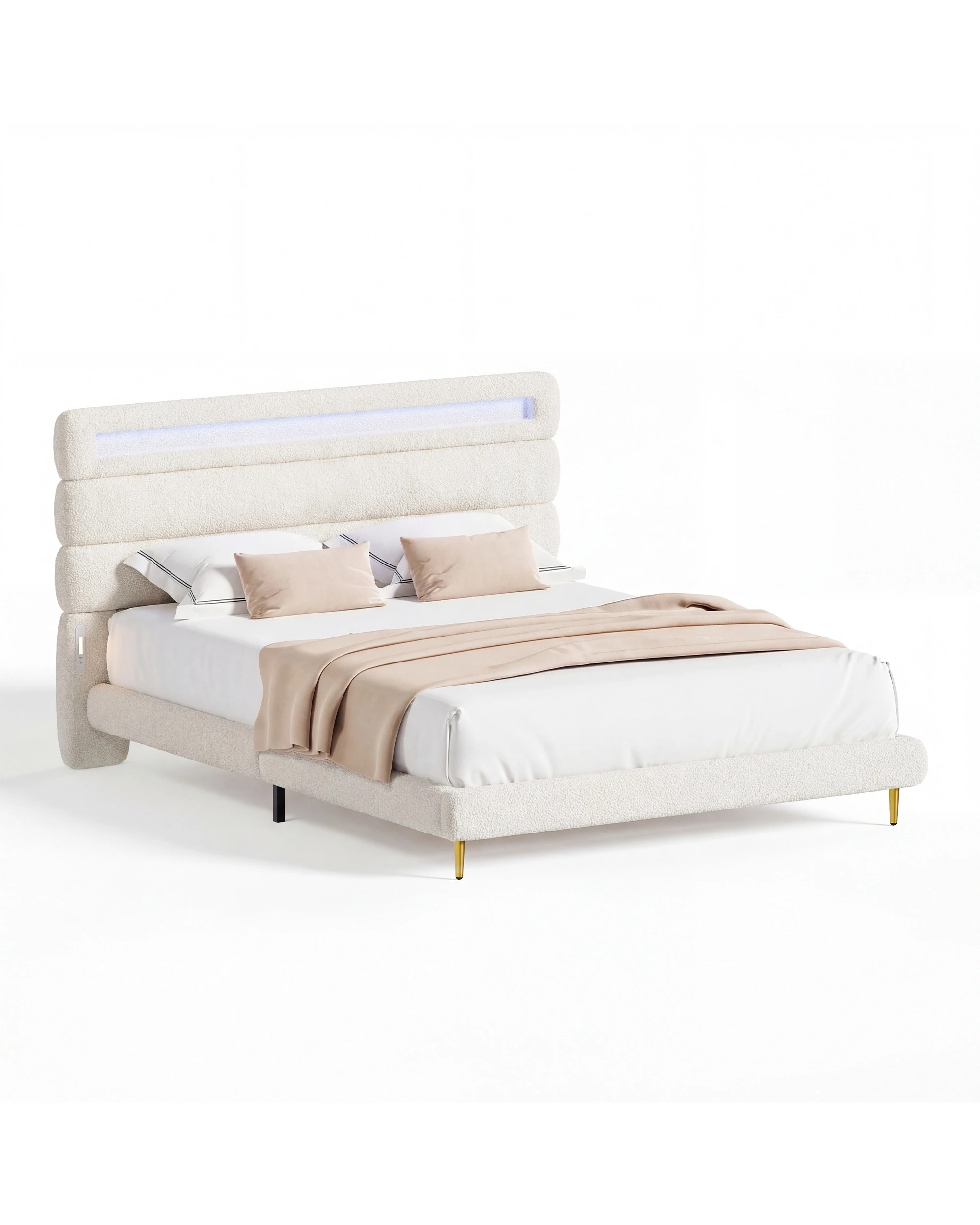 1 Advwin Queen Cloud Bed Frame Teddy Fleece Upholstered LED Light Charging Ports - White, 1 of 8