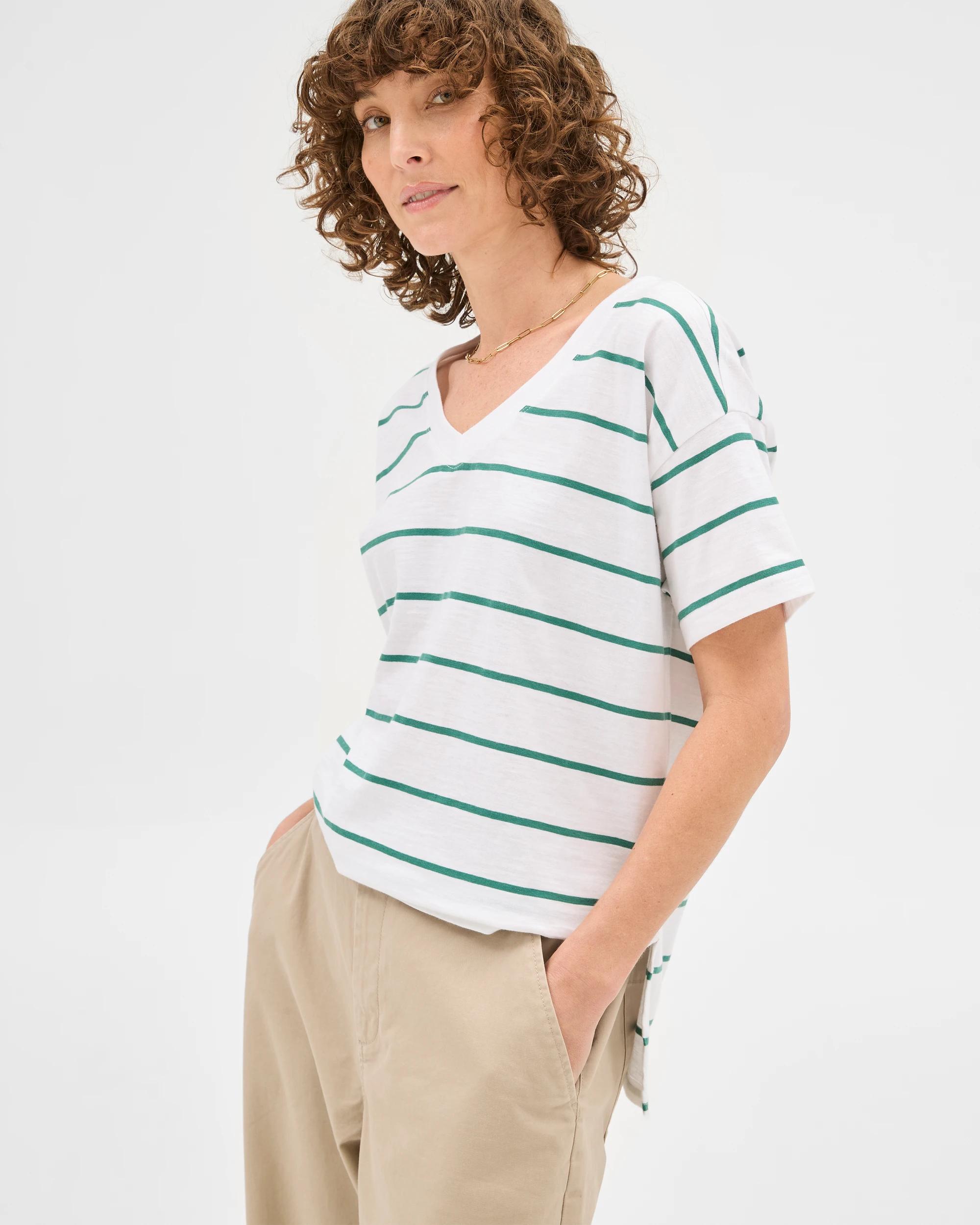 4 Target Australian Cotton Relaxed Slub V-Neck T-Shirt White/lush Green Stripe, 4 of 6
