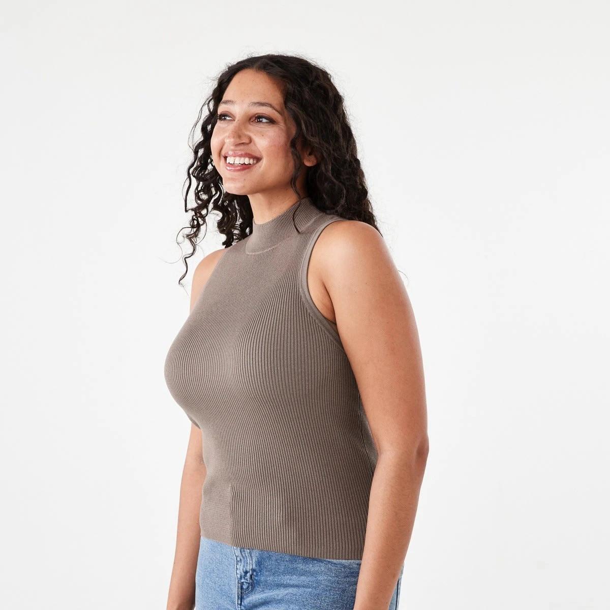 2 Sleeveless Mock Neck Rib Tank Taupe Brn, 2 of 5