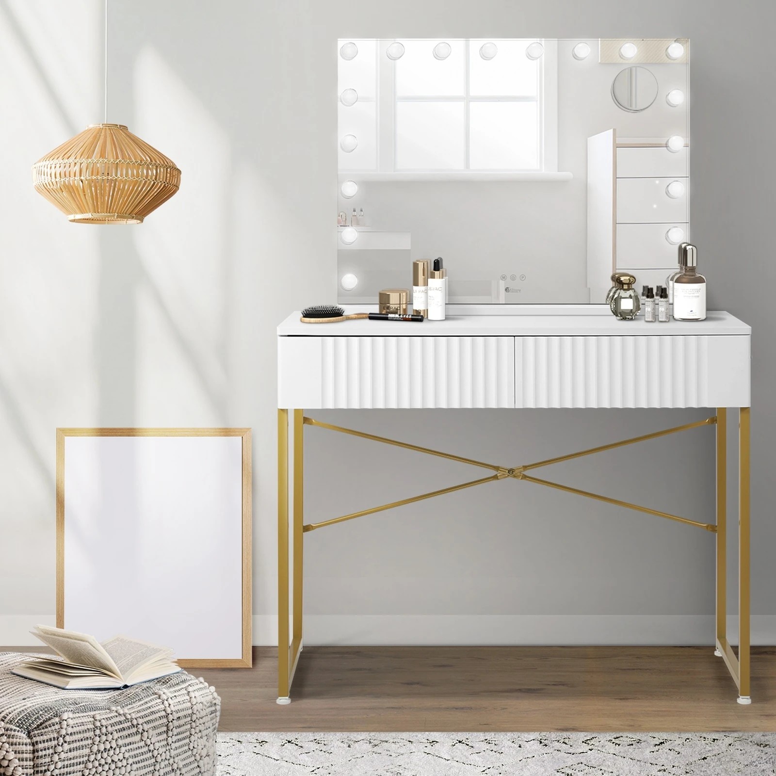 4 Oikiture Dressing Table LED Makeup Mirror 2 Drawers Vanity Desk - White, 4 of 9