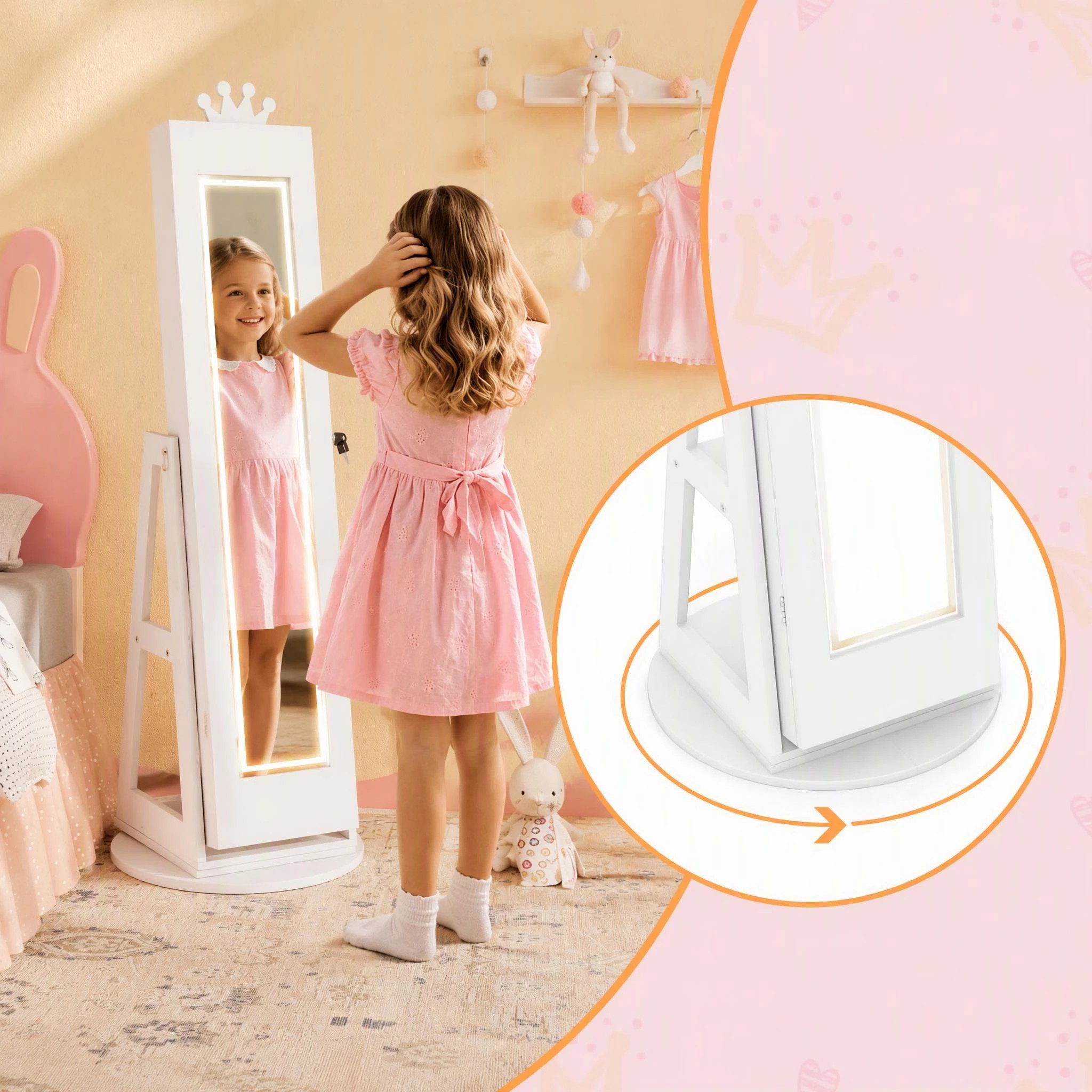 6 Costway Swivel Mirror Jewellery Cabinet Jewelry Organizer Standing Box Princess Armoire - White, 6 of 9